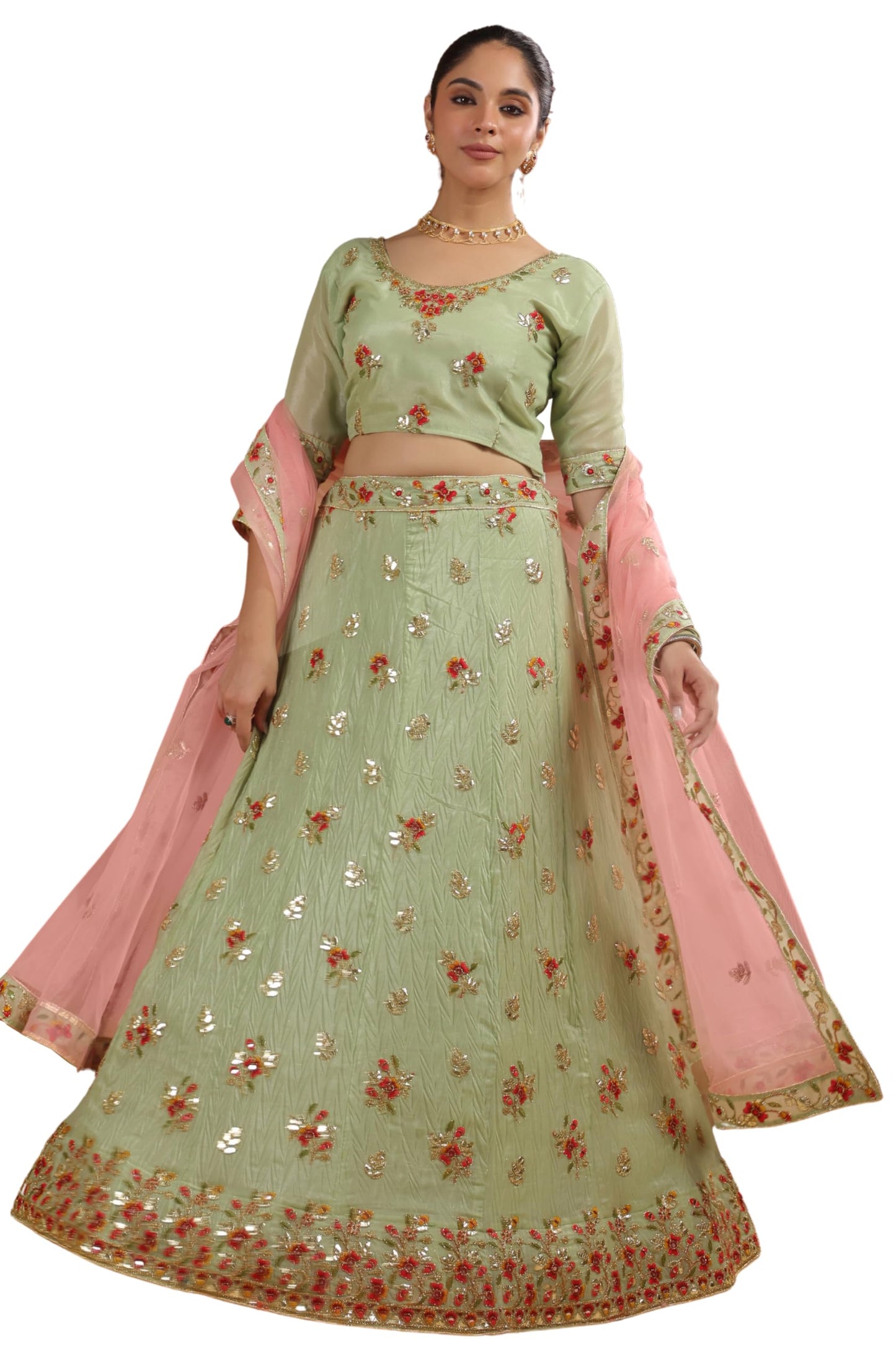 Janasya Women's Pista Green Zari Art Silk Embroidered Semi-Stitched Lehenga Choli with Dupatta Set (JAB24LC01931)