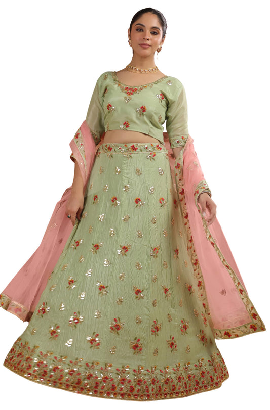Janasya Women's Pista Green Zari Art Silk Embroidered Semi-Stitched Lehenga Choli with Dupatta Set (JAB24LC01931)