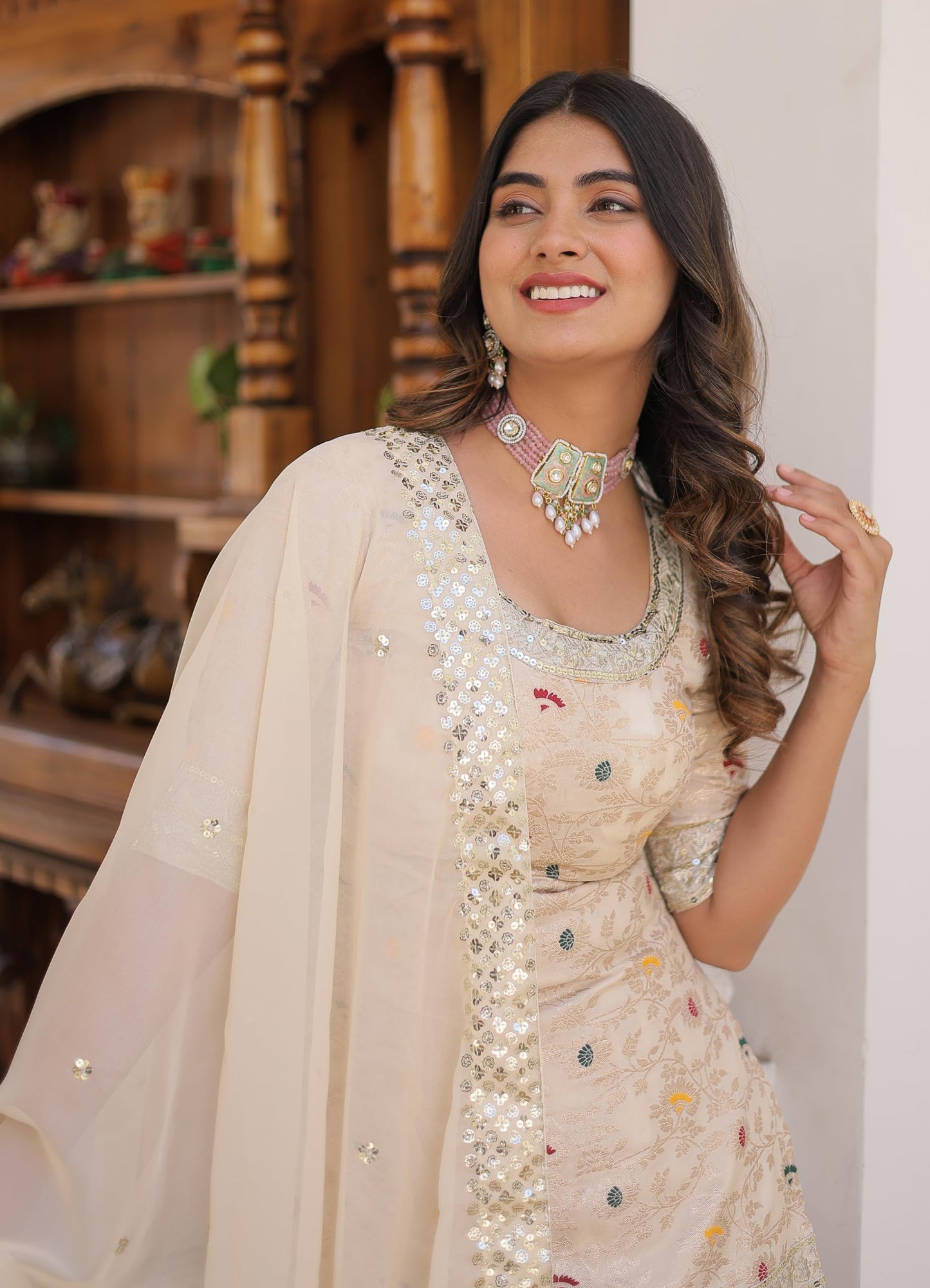 Fashion Basket Women's White Georgette Anarkali Kurta Set with Duptta for Women (White, XXL)