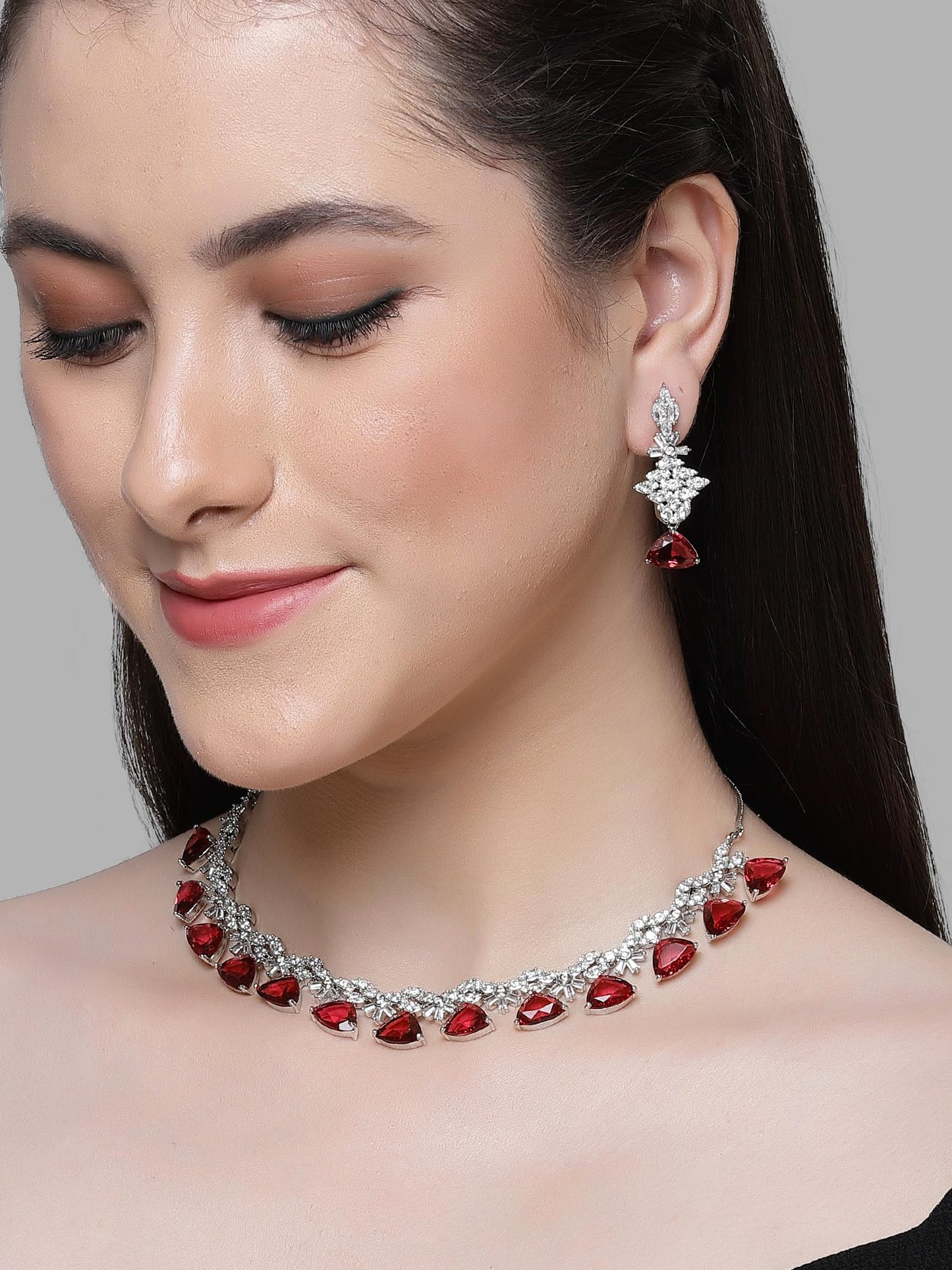 Karatcart Silver Tone Red Triangular Shape American Diamond Necklace Set for Women