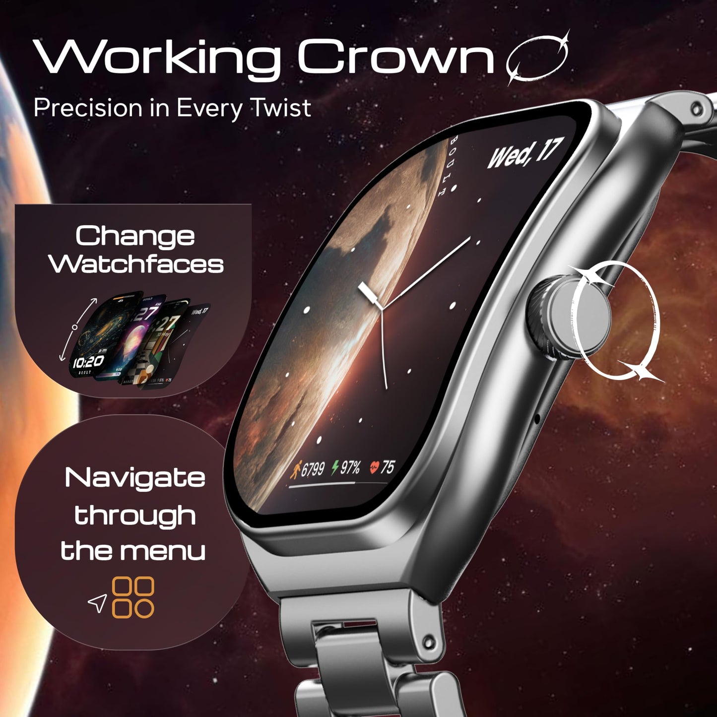 Boult Newly Launched Trail Pro Smartwatch 2.01'' 3D Curved Screen+AMOLED, BT Calling 5.3, 600 Nits Brightness, IP68, 250+ Watchfaces, 120+ Sports Modes, AI Voice Assistant, SpO2 Tracking (Chrome)