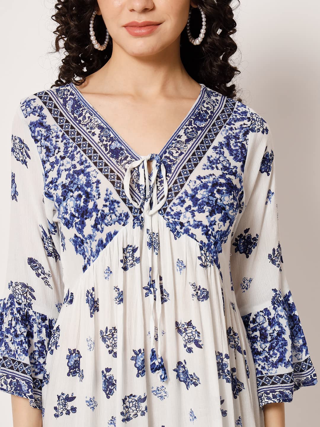 veldress21 Women Rayon Embroidered Round Neck Flare Maxi Dress Blue Summer Stylish