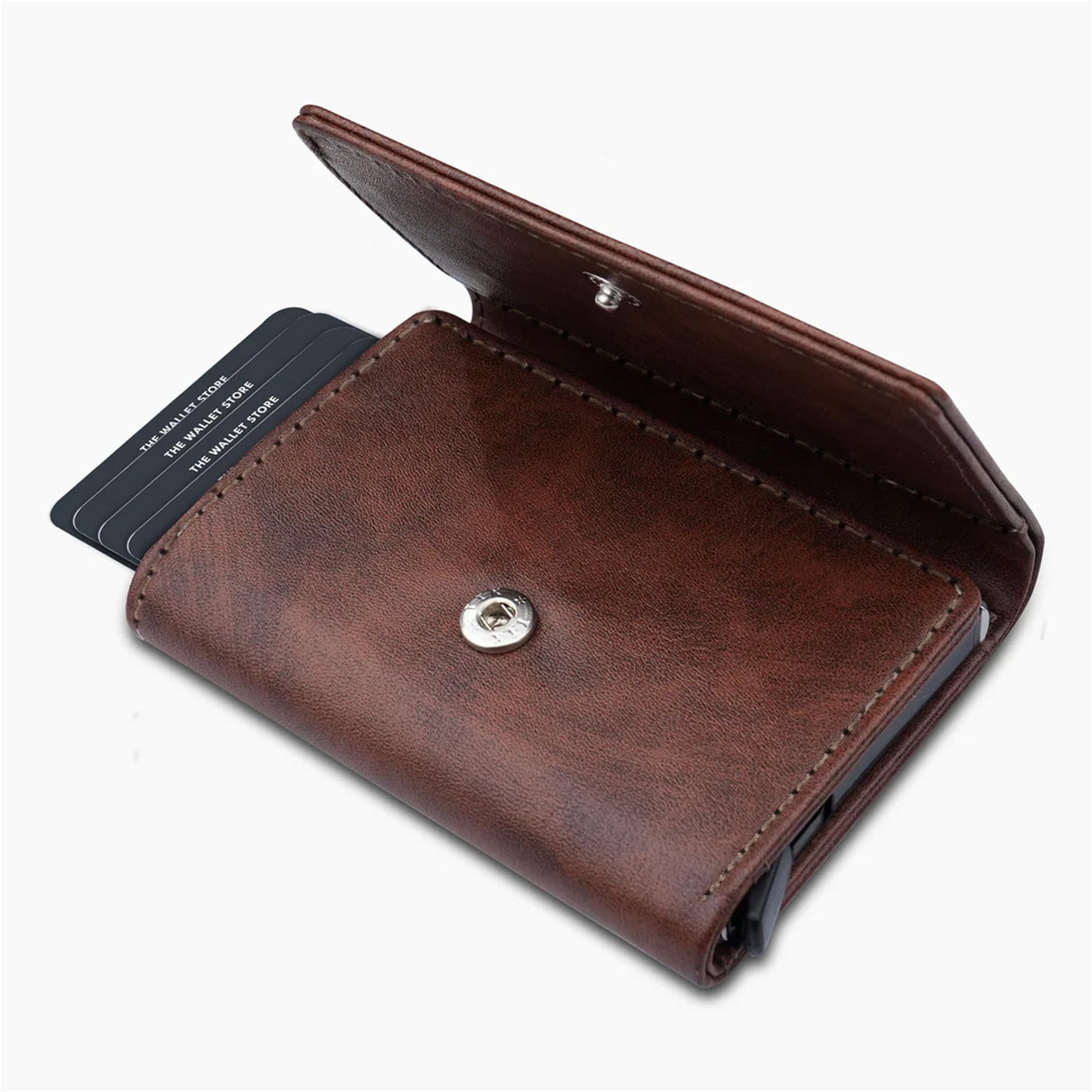 The Wallet Store Maverick RFID Protected Minimalist Wallet, Pop-Up Cardholder, Scan-Proof Aluminium Case, Holds 8 Credit/Debit Cards, Slim Men’s Wallet (Brown-D)