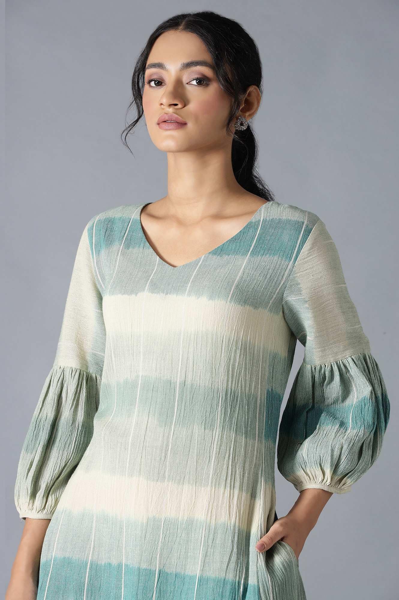 W for Woman Cotton Ecru Ikkat Print Cotton Dress In V-Neck