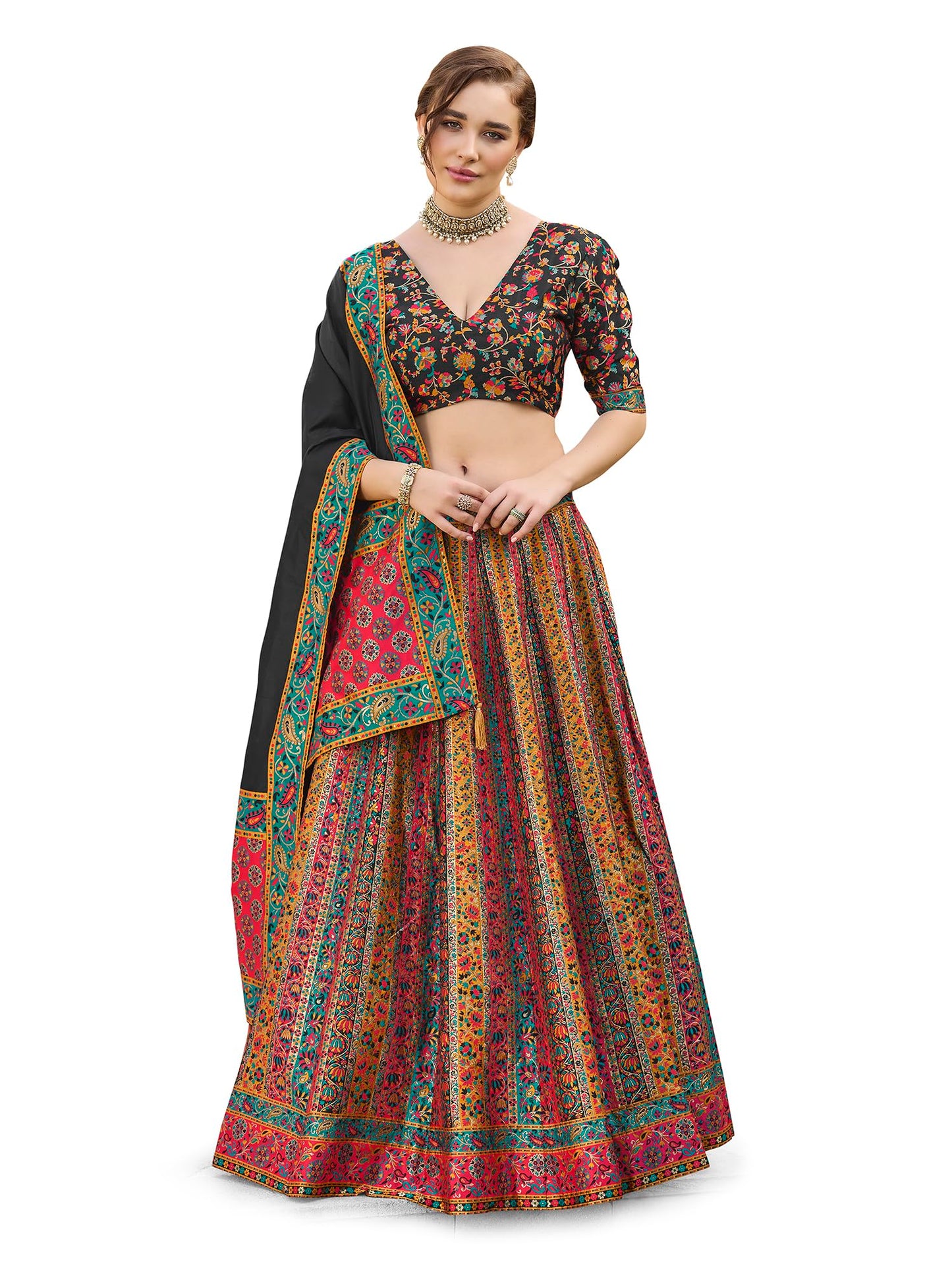PURVAJA Women's Jacquard Semi-Stitched Lehenga choli (Hira-Black_Free Size)