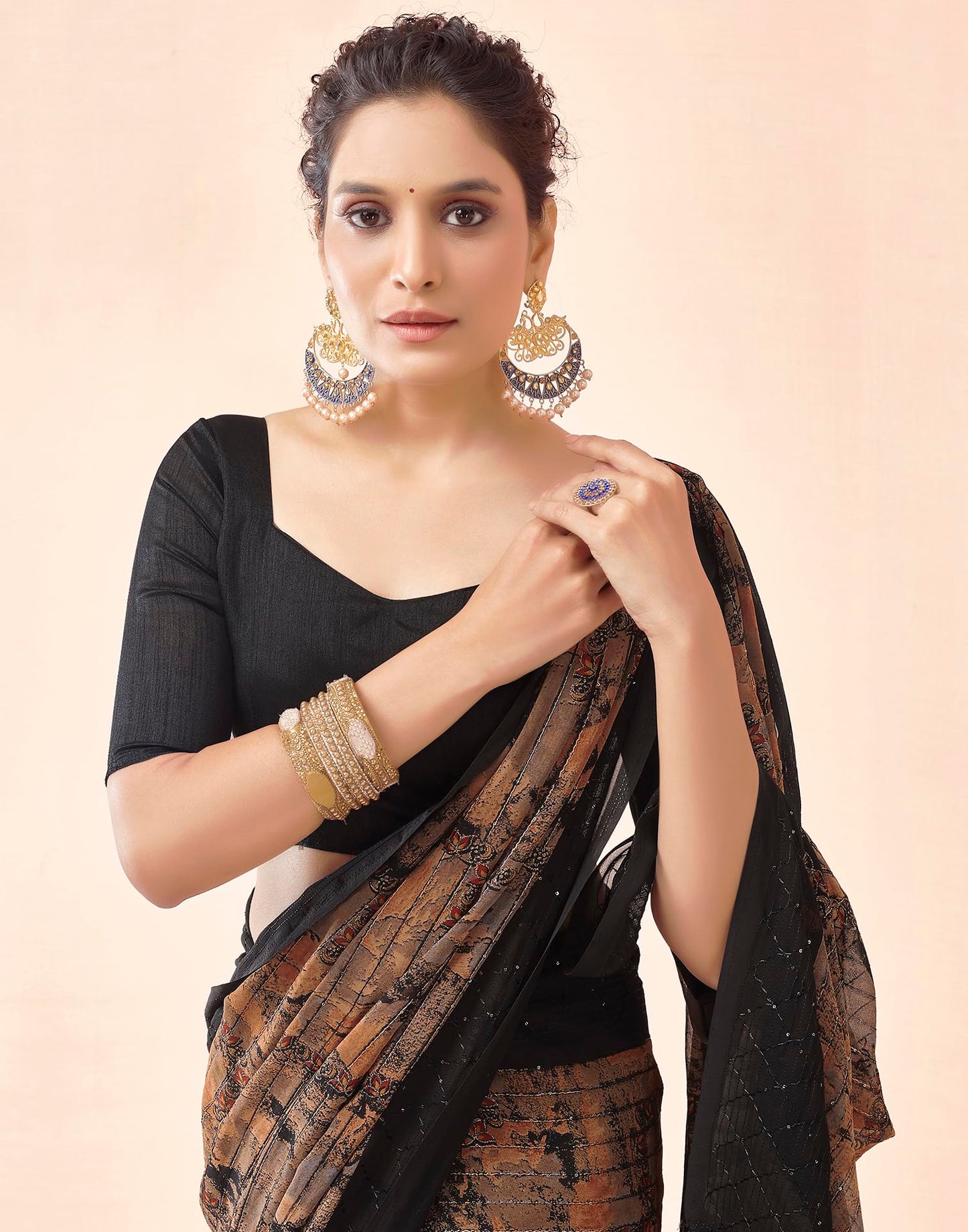 SIRIL Women's Georgette Printed Sequence Work, Saree With Unstitched Blouse Piece (3476S711A_Black)