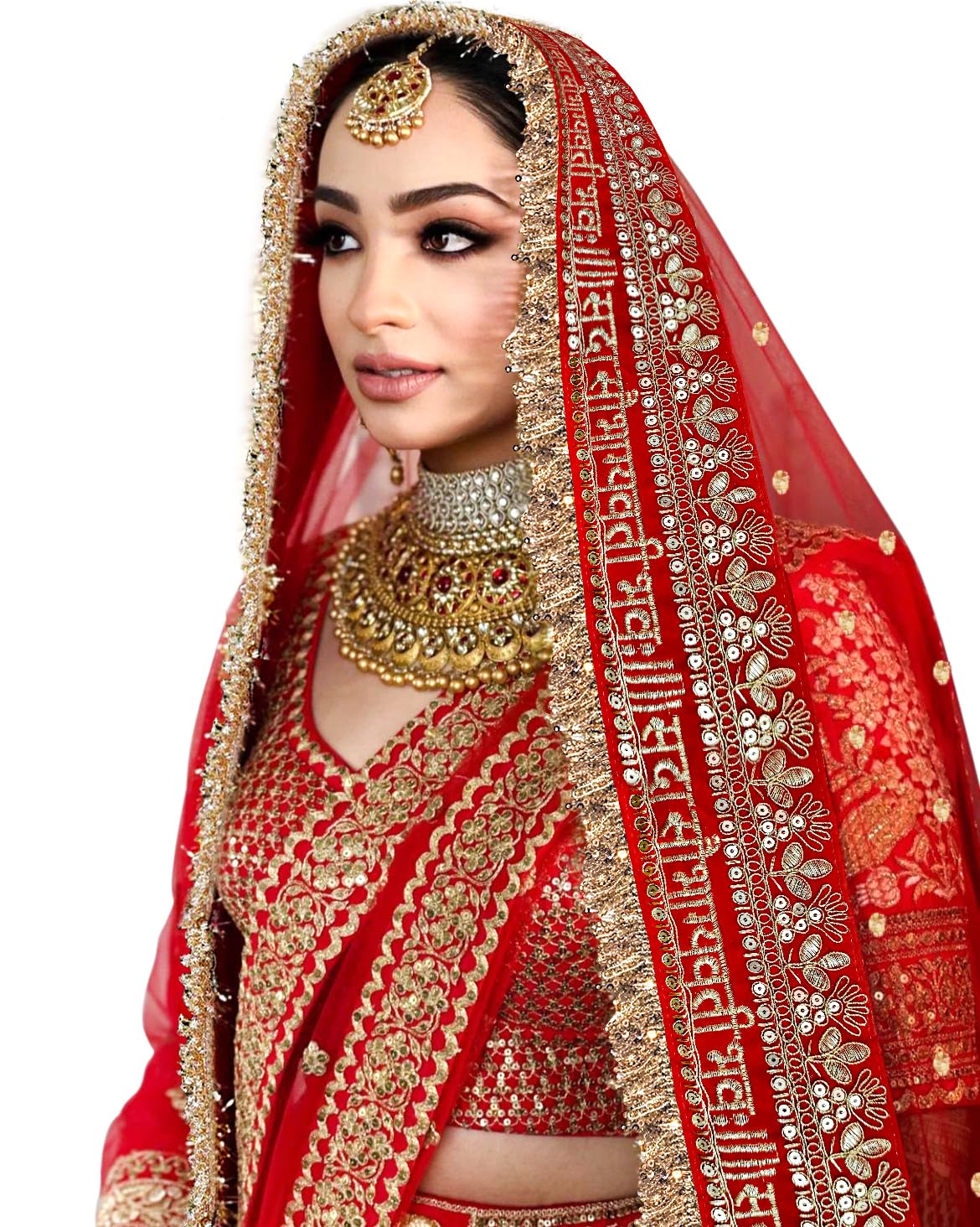 kaevion 2.5M Red Net Sada Saubhagyawati Bhav Bridal Wedding Dupatta With Sequins lace | Bridal Women's Net Dupatta | Traditional Dulhan Entry Chunni | Designer Contrast Dupatta for Lehenga Saree