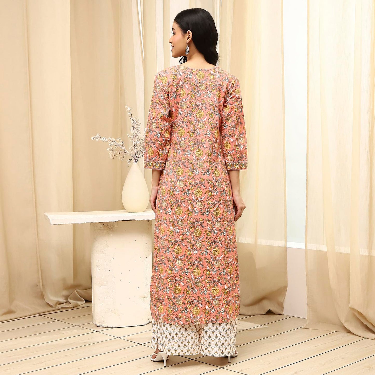 BIBA Women Peach Cotton Screen Print Unstitched Suit Set_FREE SIZE