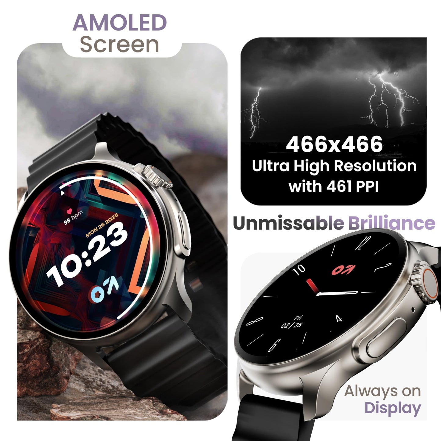 GOBOULT Newly Launched Crown R Pro Smart Watch 1.43''HD AMOLED, BT Calling, Working Crown, Zinc Alloy Frame, 600 Nits Brightness, AI Voice Assistant, SpO2 Monitoring, 120+ Sports Mode (Pure Black)