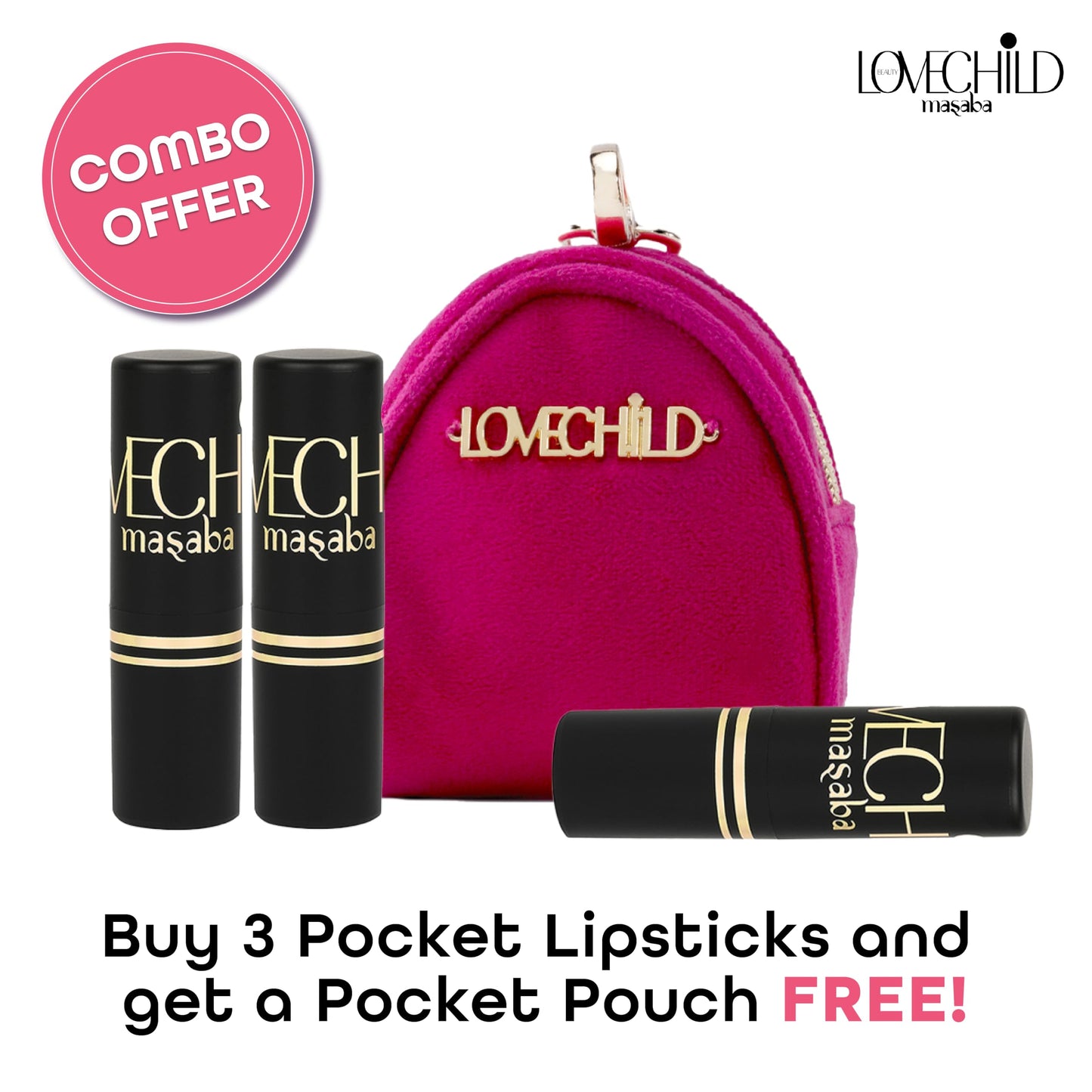 LoveChild Masaba Pocket Mini Lipsticks Set of 3 with Free Travel Pouch, Hydrating & Long-Lasting Matte Finish, 1.5g Each, Shades for All Skin Tones, Compact & Travel-Friendly Gift Pack, Combo B