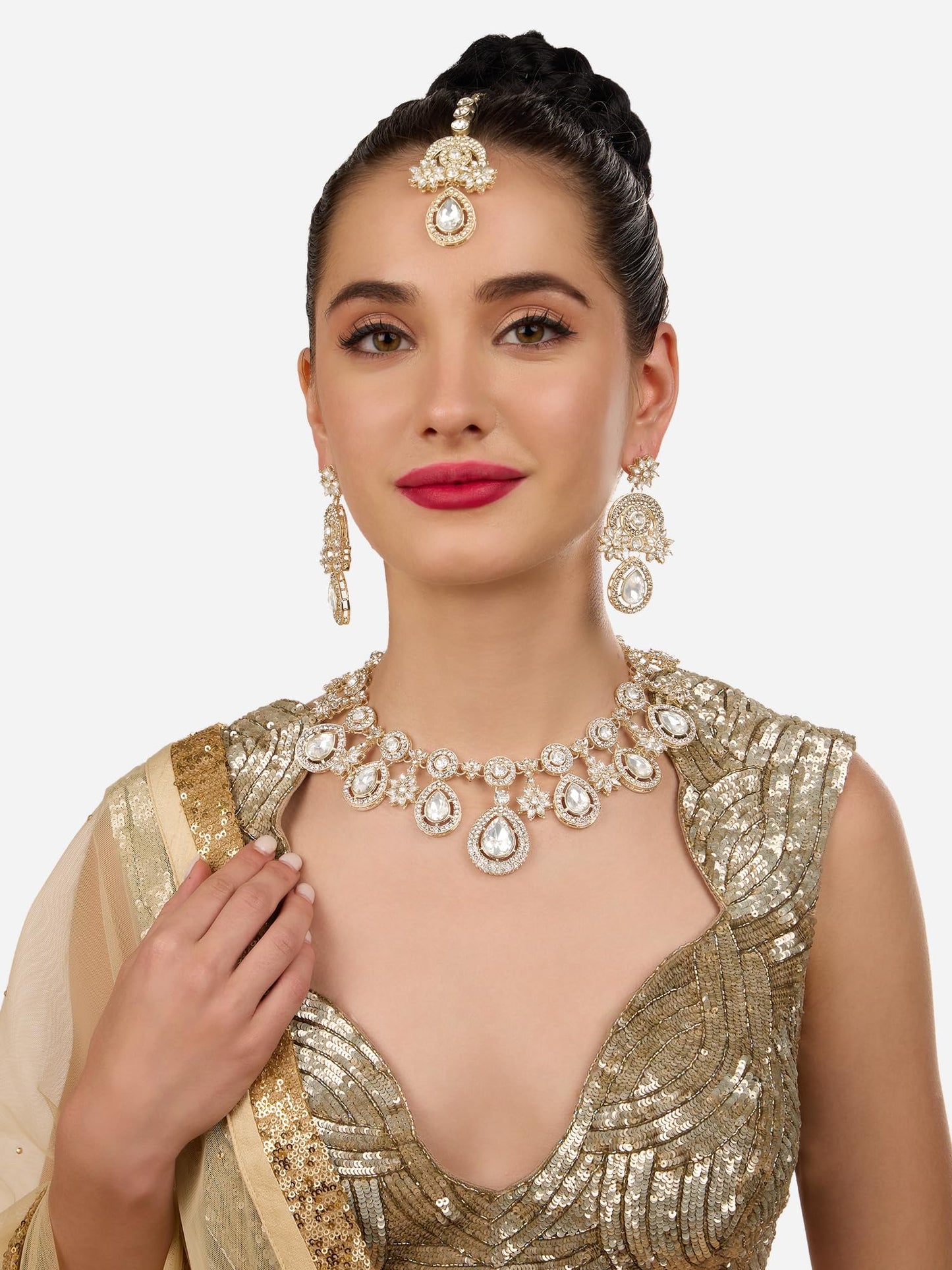 ZAVERI PEARLS Gold Tone Dazzling Stones Austrian Diamonds Necklace Earring & Maangtikka Set For Women-ZPFK18216