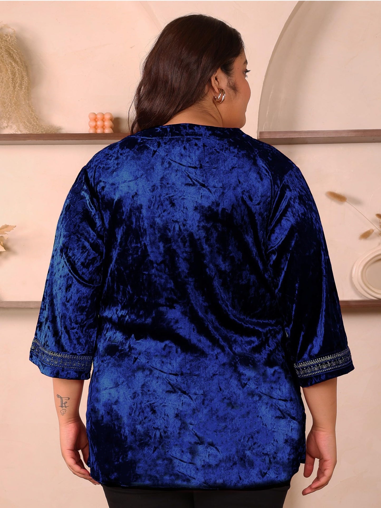Indietoga Women's Plus Size Stretchable Velvet Embroidered Longline Top (P10001662_Blue Embroidered_XL)