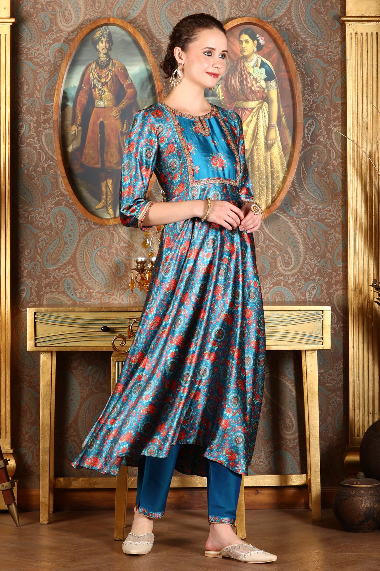 W for Woman Cerulean Blue Floral Printed Japanese Satin Kurta, Pants and Dupatta Set (Size: S)-24AUWS11763-123276