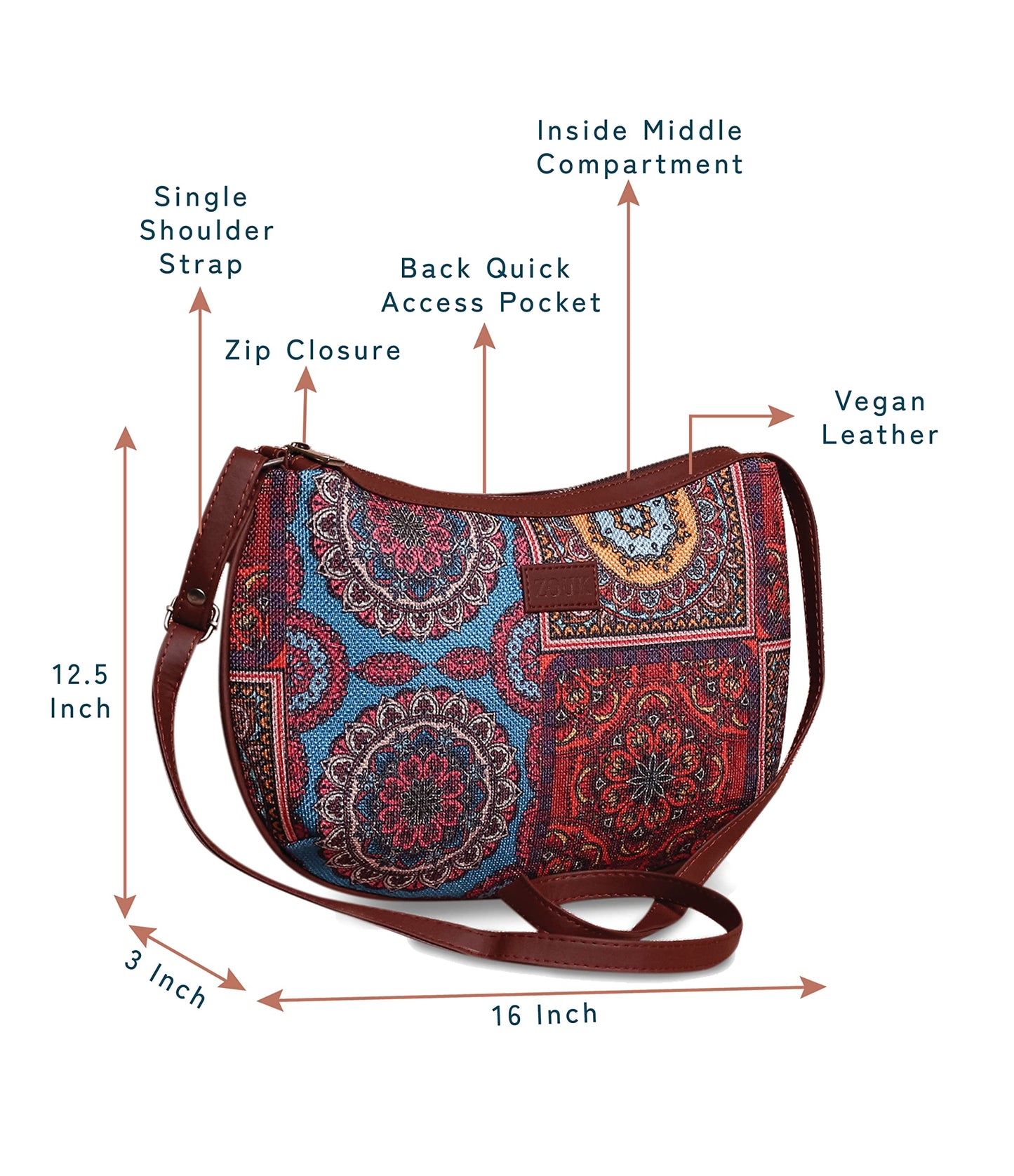 ZOUK 100% PeTA Approved Vegan Leather Multicolor Mandala Print Shoulder Bag for Women