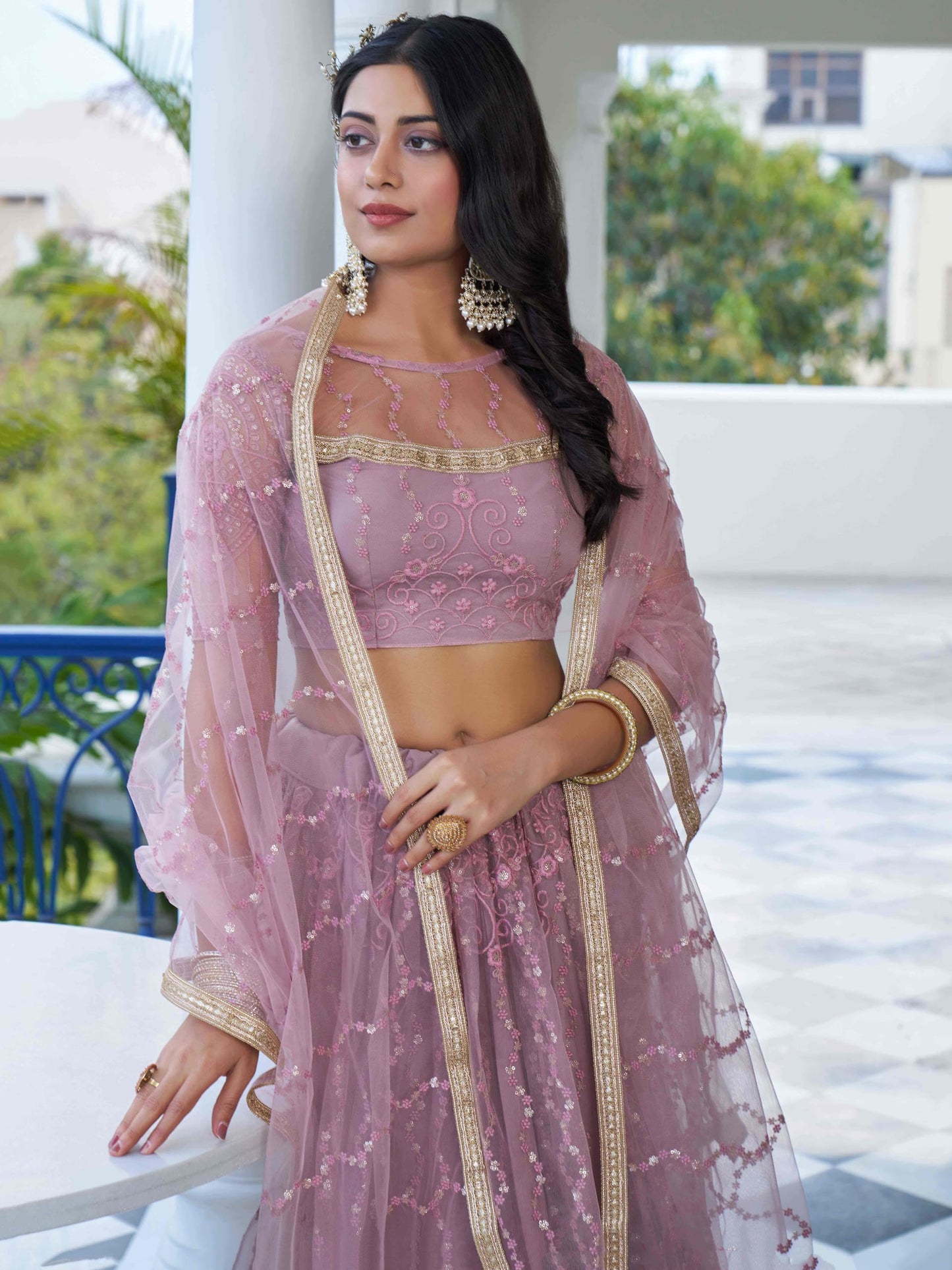 Zeel Clothing Women's Cotton Thread Sequins Work Embroidery Soft Net Lehenga Choli with Dupatta (NFH-2138-Pink-Women-Lehenga-Choli-Latest; Free Size)