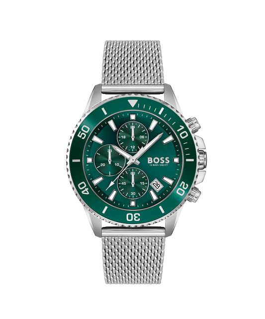 BOSS Admiral Qtz Fashion Chrono Green Round Dial Men's Analog Watch|Stainless Steel Material|Silver Color Band - 1513905
