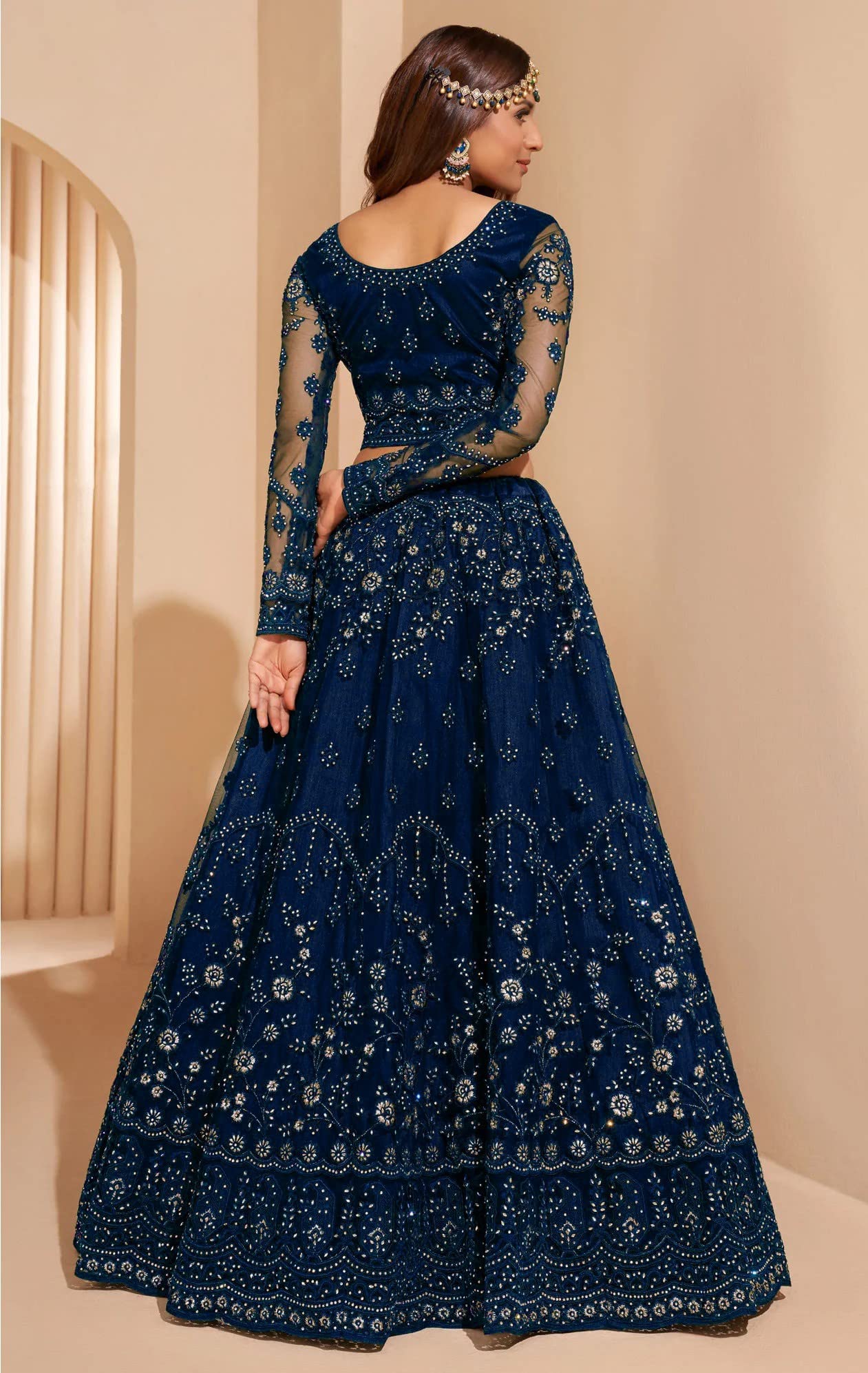 KEYURA Women's Traditional Net Embroidered SEMI-STICHED Lehenga Choli Set, with Silver Thread Work, Round Neck, 3 Piece Set (BLUE)