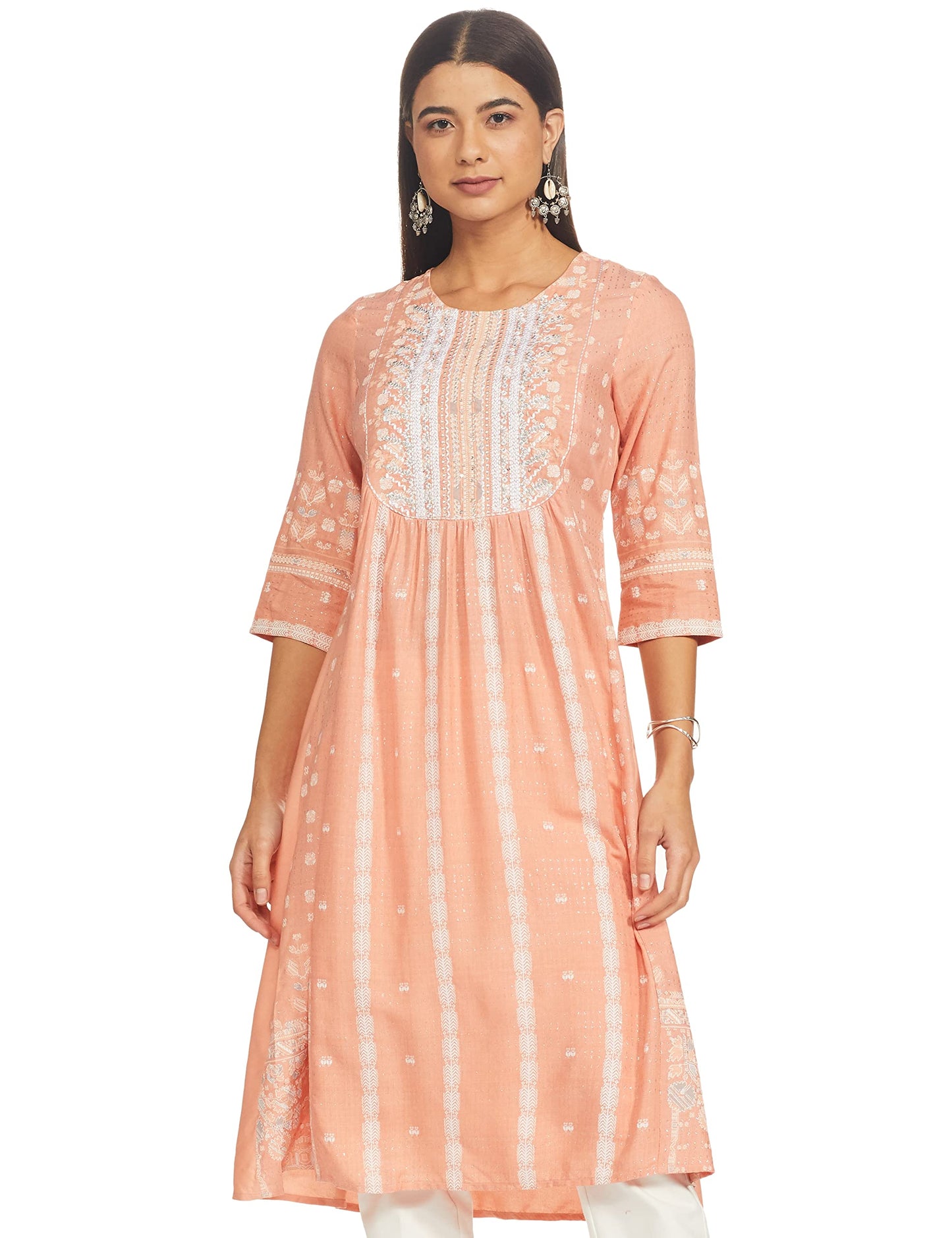 W for Woman Peach Flared Kurta_21FEW13459-113606_XS