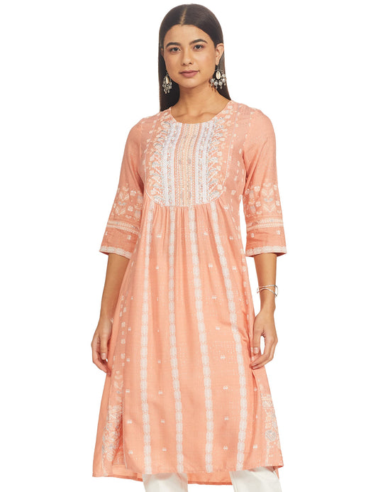 W for Woman Peach Flared Kurta_21FEW13459-113606_XS