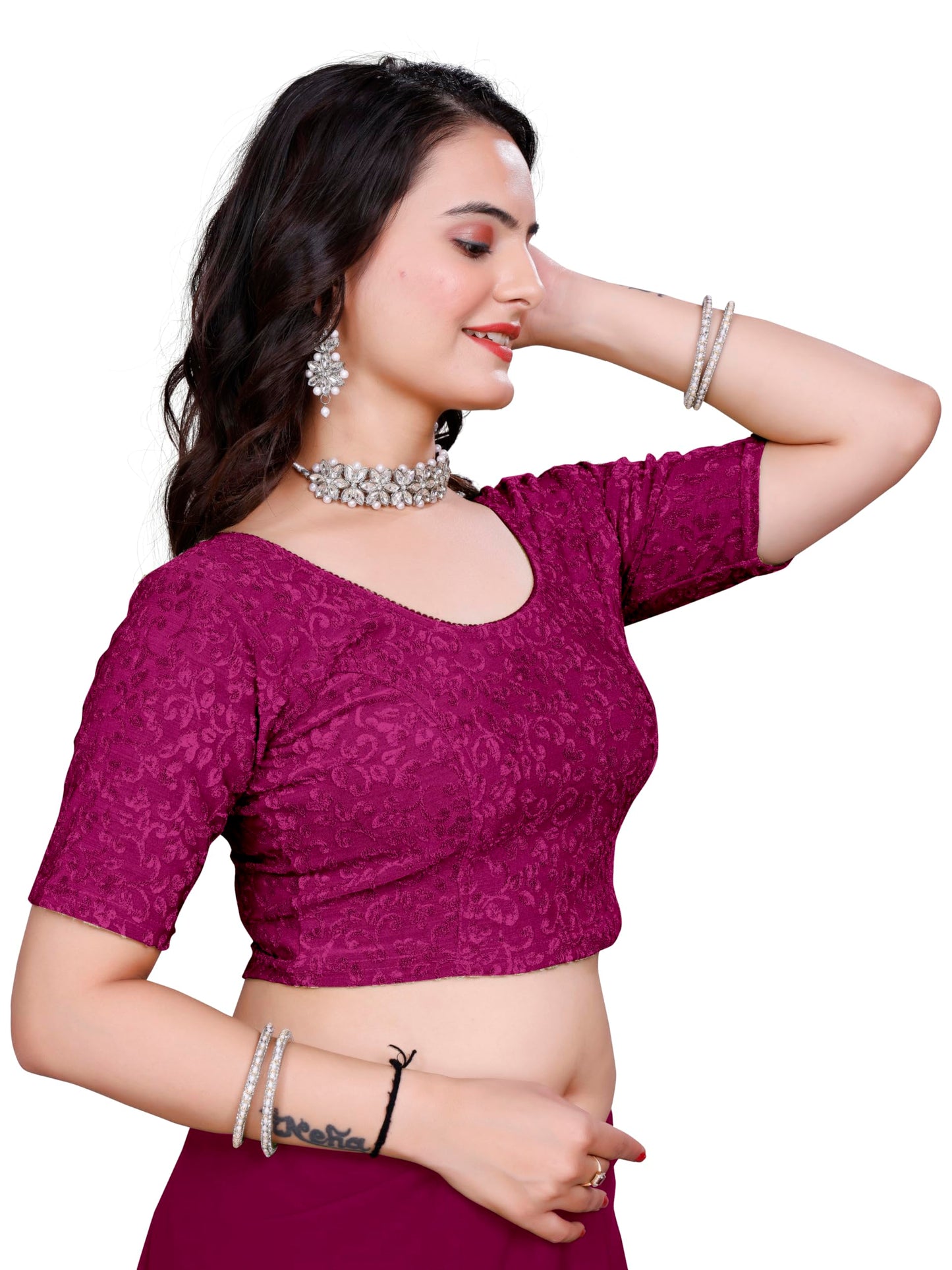 Kipzy Women's Stretchable Blouse with Round Neck & Half Sleeves | Soft Comfortable Fabric | Perfect, Saree, Lehenga, Skirt | Ready to Wear Ethnic Top for Women & Girls (Rani, 44)