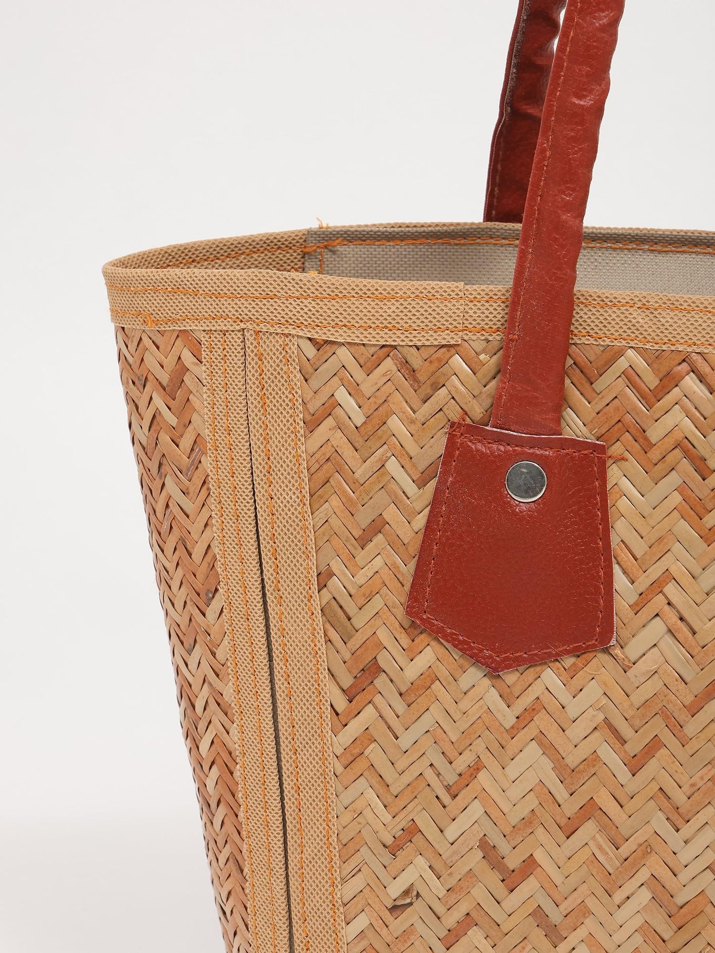 Exotic India Designer Bamboo Tote Hand-Woven Texture Eco-Conscious Summer Carryall and Versatile Casual Bag for Women's, Bruschetta, Medium