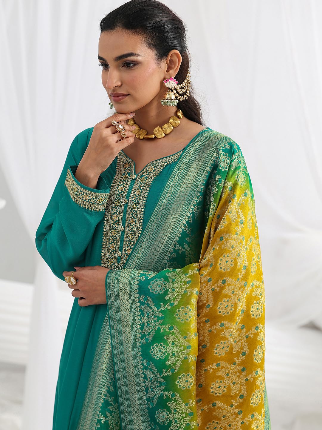 Libas Embroidered Silk Blend A-Line Ethnic Dress with Dupatta-93606M