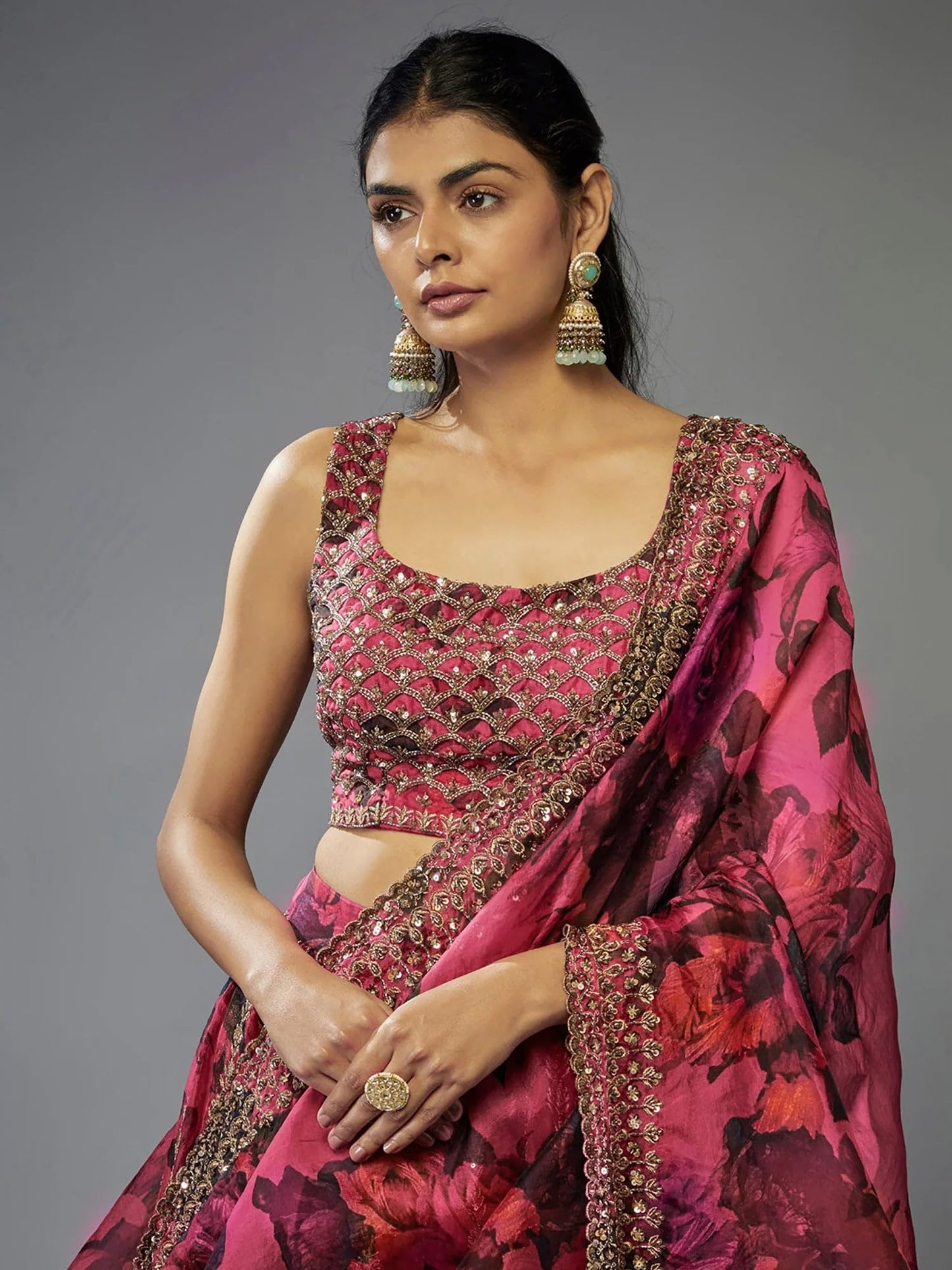 JIHU CULTURE Pink Organza Zari Sequence Embroidery Work Semi-Sttiched Lehenga Choli Set For Women