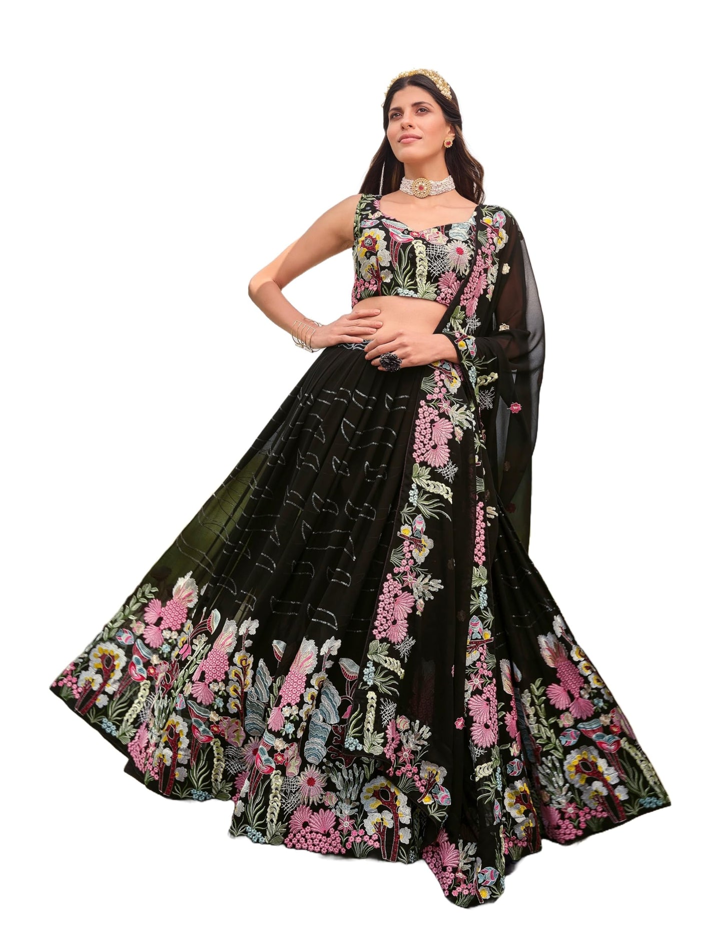 Divine Exim Women's Georgette Semi Stitched Lehenga Choli with Dupatta | Thread and Sequin Embroidery Pattern | Traditional, Wedding, Ethnic Wear Lehenga