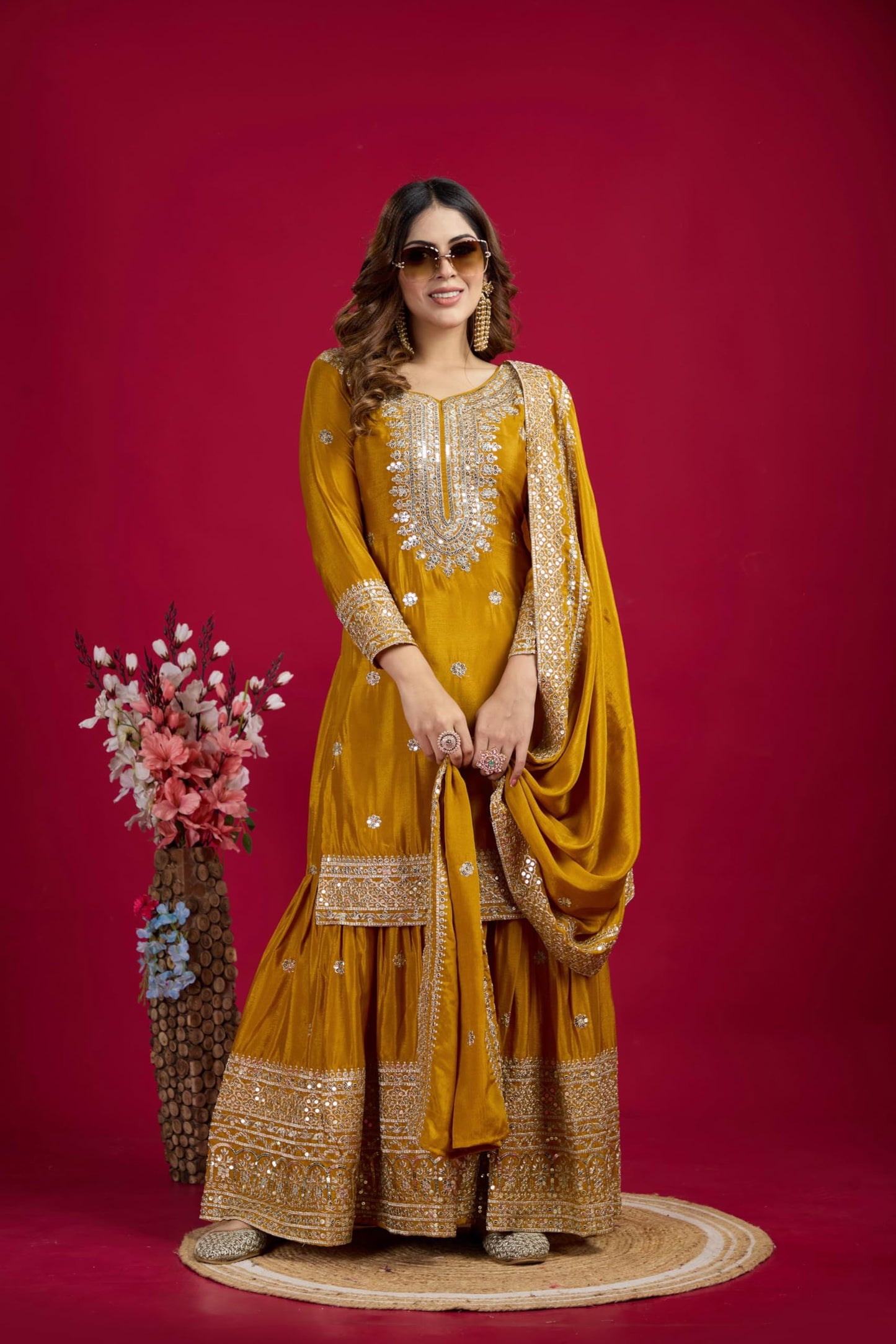 Brulry Women's Yellow Embroidered Chinnon Silk Kurta with Palazzo & With Dupatta