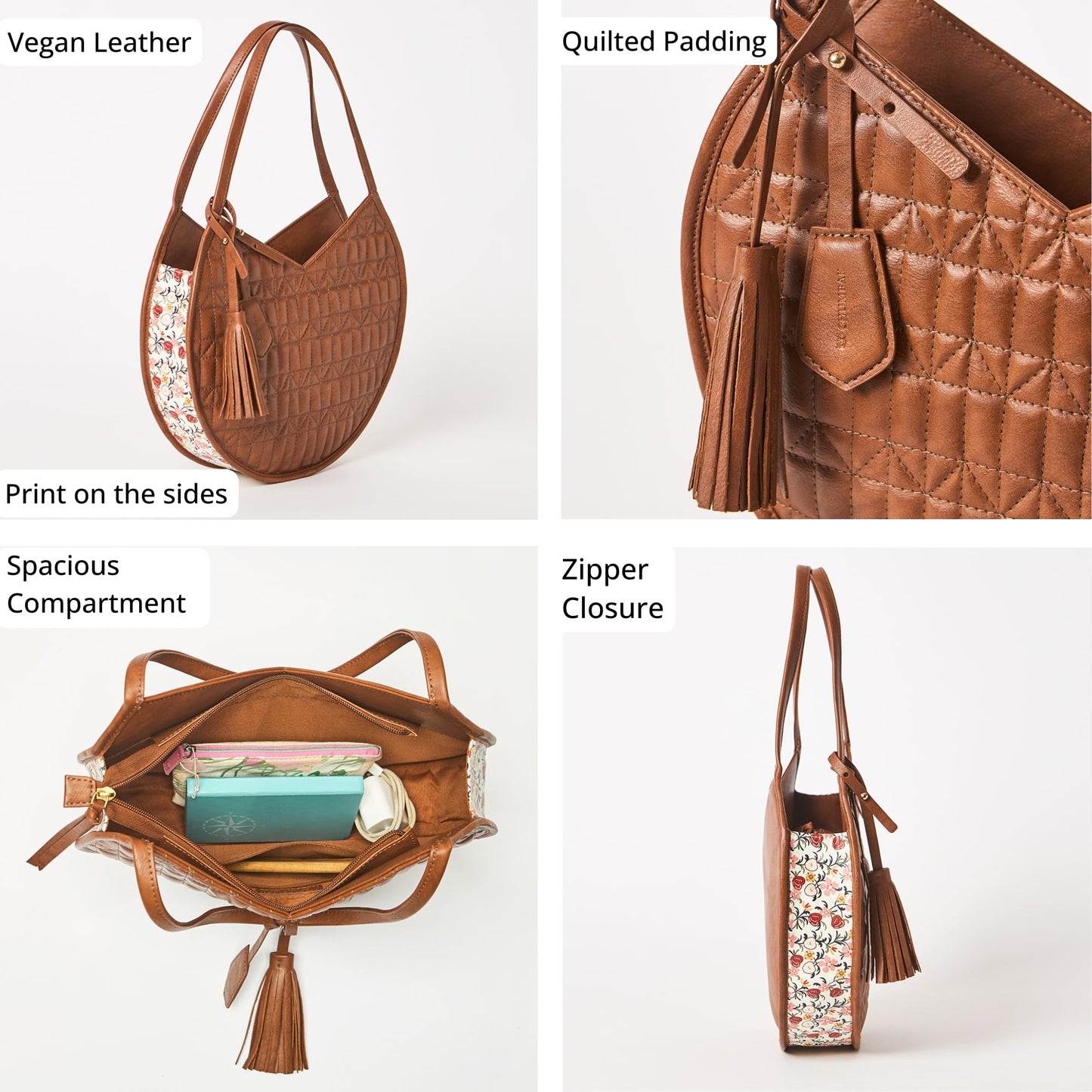 Chumbak Amalfi Tote Bag, 5.5L, Tan, PU Outer with Polyester Lining, Spacious Shoulder Bag with Kashmiri Motif, Kashmir Trails Collection