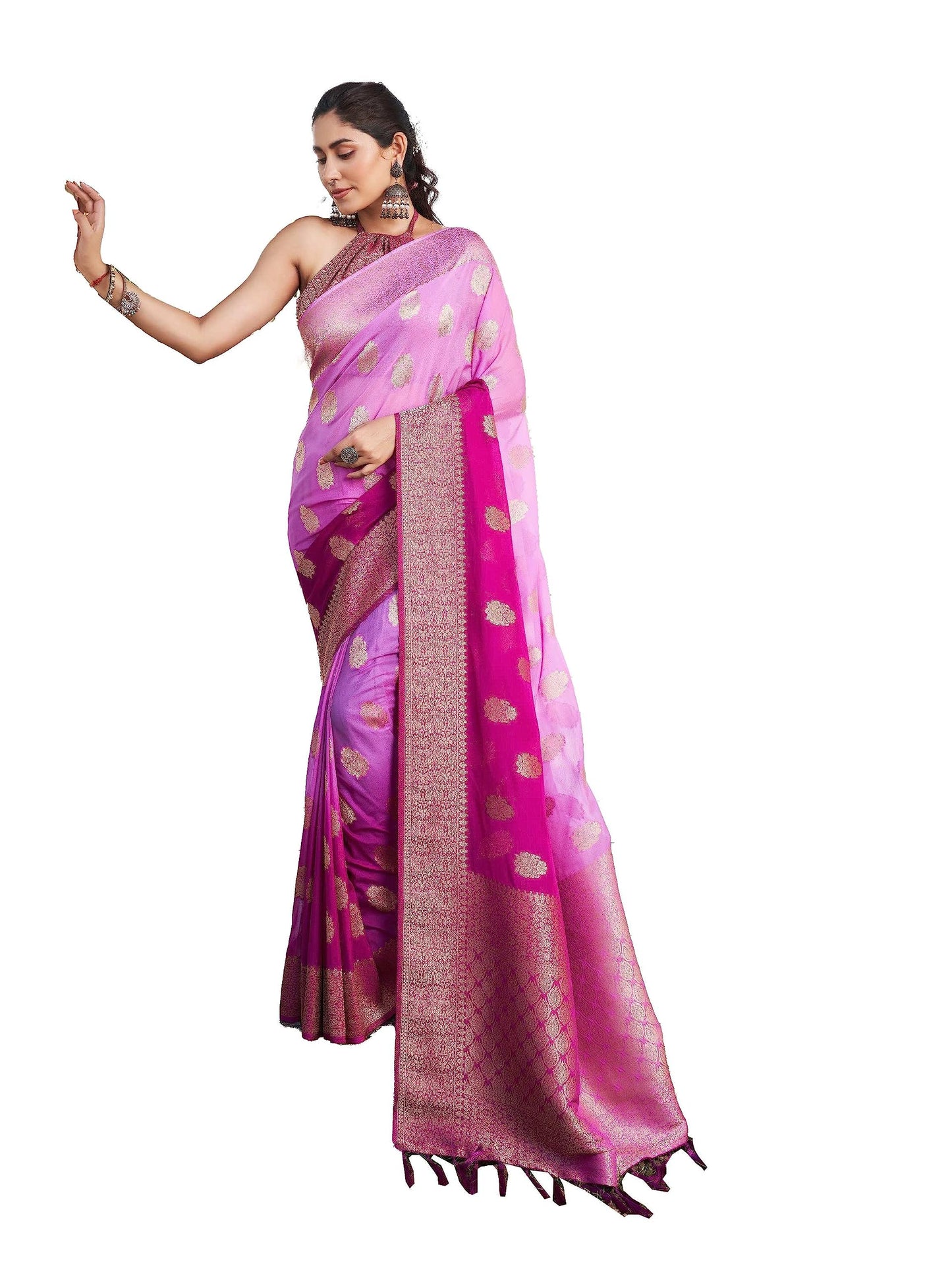 Women Banarasi Georgette Woven Work Half & Half Saree For Women With Gold Zari Border & Unstitched Blouse Piece Lilac Sari Mahika, 674