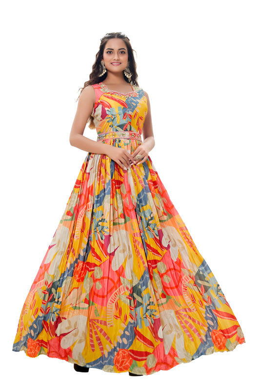 Krishna Apparels Women's Multicolor Chinon Stitched Gown with Work:- Hend Embroidery with Mirror Work with Embroidery & Hend Worked Belt Anarkali Gown (in, Alpha, XL, Regular, MALTCLOR)