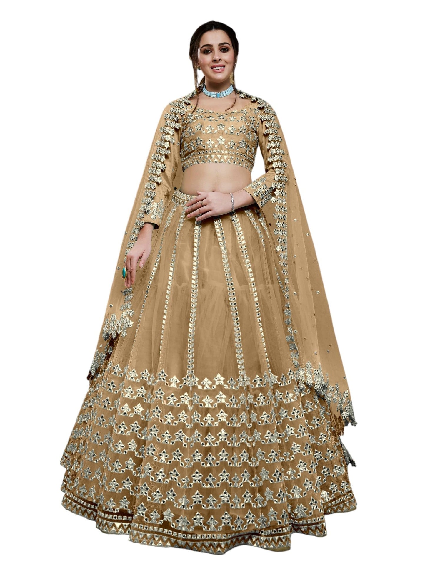 Zeel Clothing Women's Net Semi-stitched Foil Embroidered Lehenga Choli With Dupatta (5029-Beige--Lehenga-Choli-Latest,Free size)