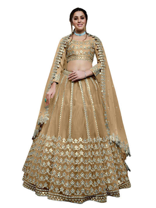 Zeel Clothing Women's Net Semi-stitched Foil Embroidered Lehenga Choli With Dupatta (5029-Beige--Lehenga-Choli-Latest,Free size)