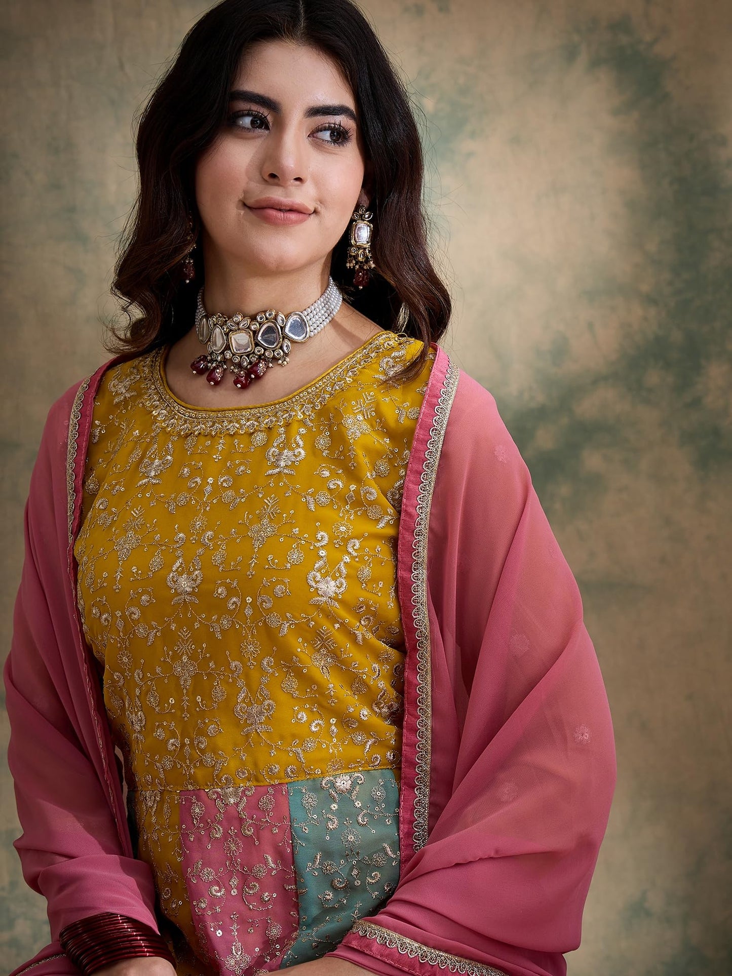 Miss Ethnik Women's Yellow Faux Georgette Stitched Top with Dupatta Full Sleeve Embroidered Anarkali Gown (MEY-1183-Yellow-S)