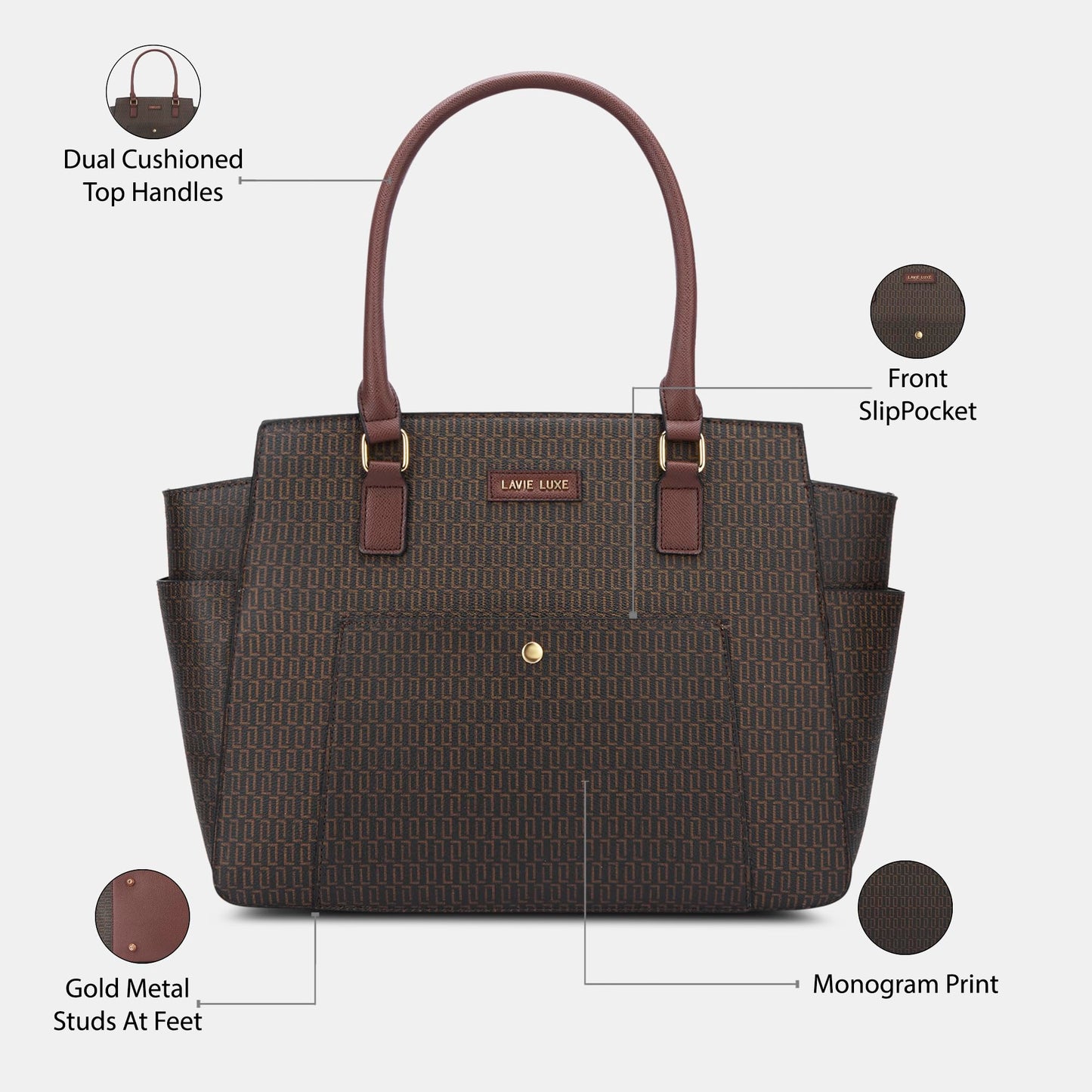 Lavie Luxe Women's Mono Kelly Monogram Print Tote Laptop Handbag for Women | Fits Upto 15 Inch Laptop | Tote Laptop Bag for Work | Ladies purse | Stylish Shoulder Bag | Gift For Women