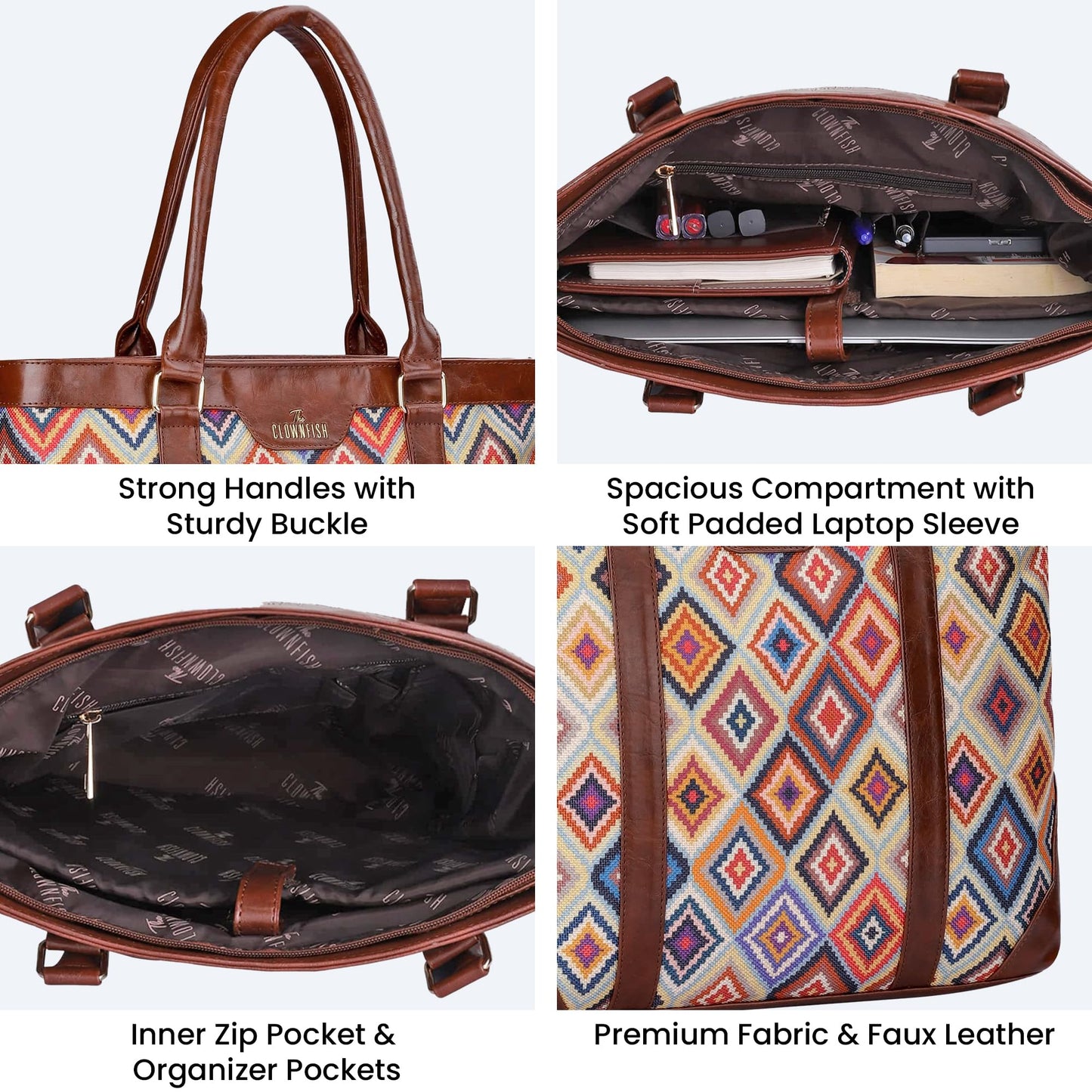 THE CLOWNFISH Miranda Series 15.6 inch Laptop Bag For Women Printed Handicraft Fabric & Faux Leather Office Bag Briefcase Hand Messenger bag Tote Shoulder Bag (Multicolour-Diamond)