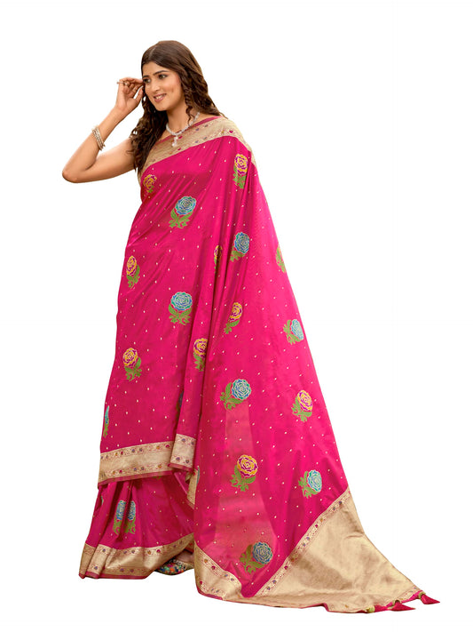 MANOHARI Women's Most Trendy Banarasi Satin Silk Woven Lemonade Pink Colorful Flower Pattern Saree With Heavy Jacquard Work Saree With Blouse Piece_MN2033