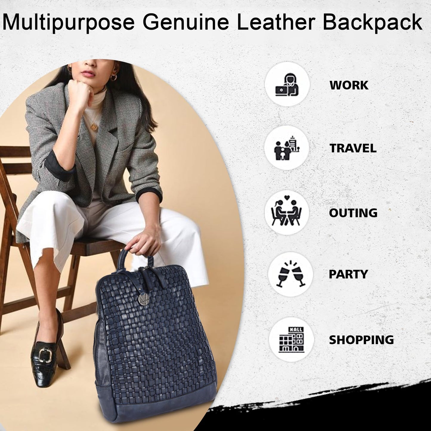 VILENCA HOLLAND 12.5 Inch Navy Blue Genuine Leather Backpack for Men,Casual Mini Backpack for Women Office Bag with Adjustable Shoulder Strap