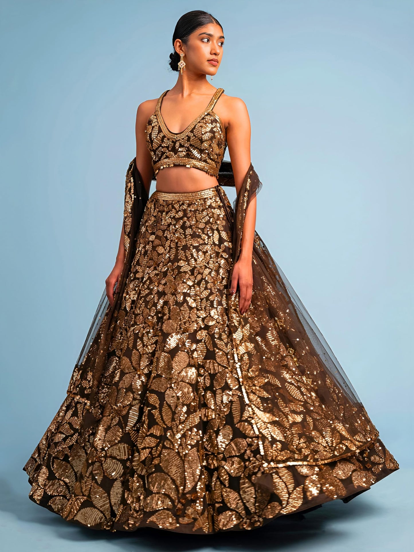 Zeel Clothing Women Net Semi stitched Sequins Embroidered Soft Lehenga Choli With Dupatta (5106-Brown-Latest; Free Size)