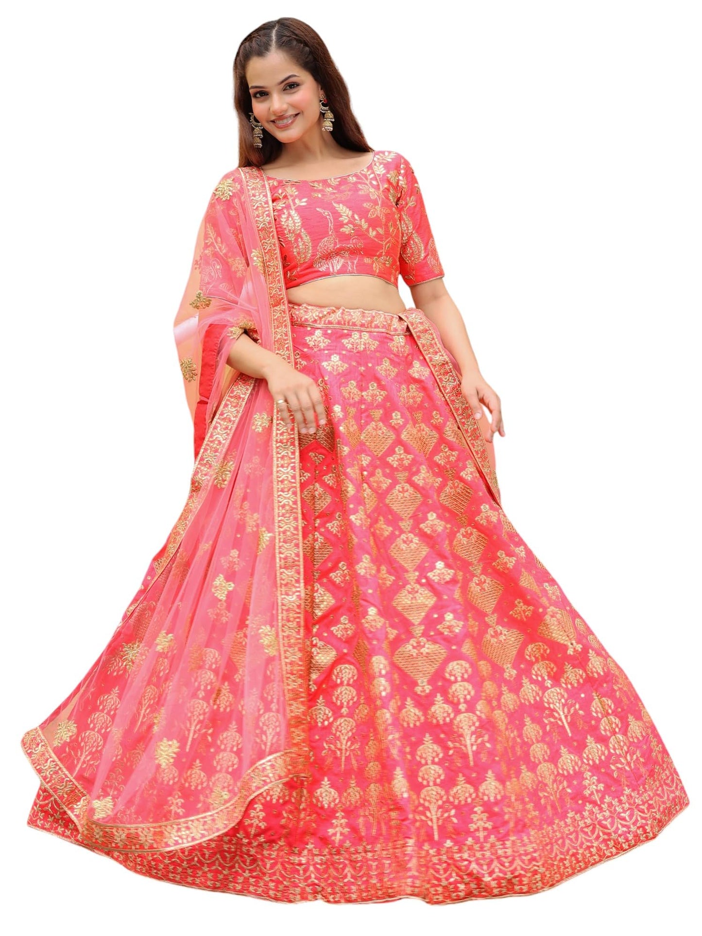 Zeel Clothing Women's Sequins Thread Embroidery Silk Wedding Latest Readymade Lehenga Choli With Dupatta (7055-Peach-Wedding-Lehenga-Choli-Latest; Free Size) (Peach)