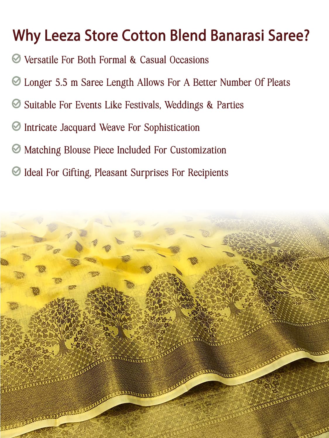 leeza store Women's Yellow Cotton Silk Blend Golden Zari Tree Pattern Border Rich Pallu Banarasi Saree With Blouse Piece