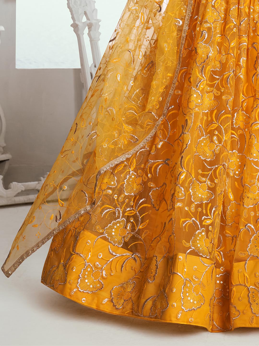 Zeel Clothing Women's Cotton Thread Sequins Work Embroidery Soft Net Readymade Lehenga Choli Set With Dupatta (Nfh-2204-Yellow-Women-Lehenga-Choli-Latest; Free Size)