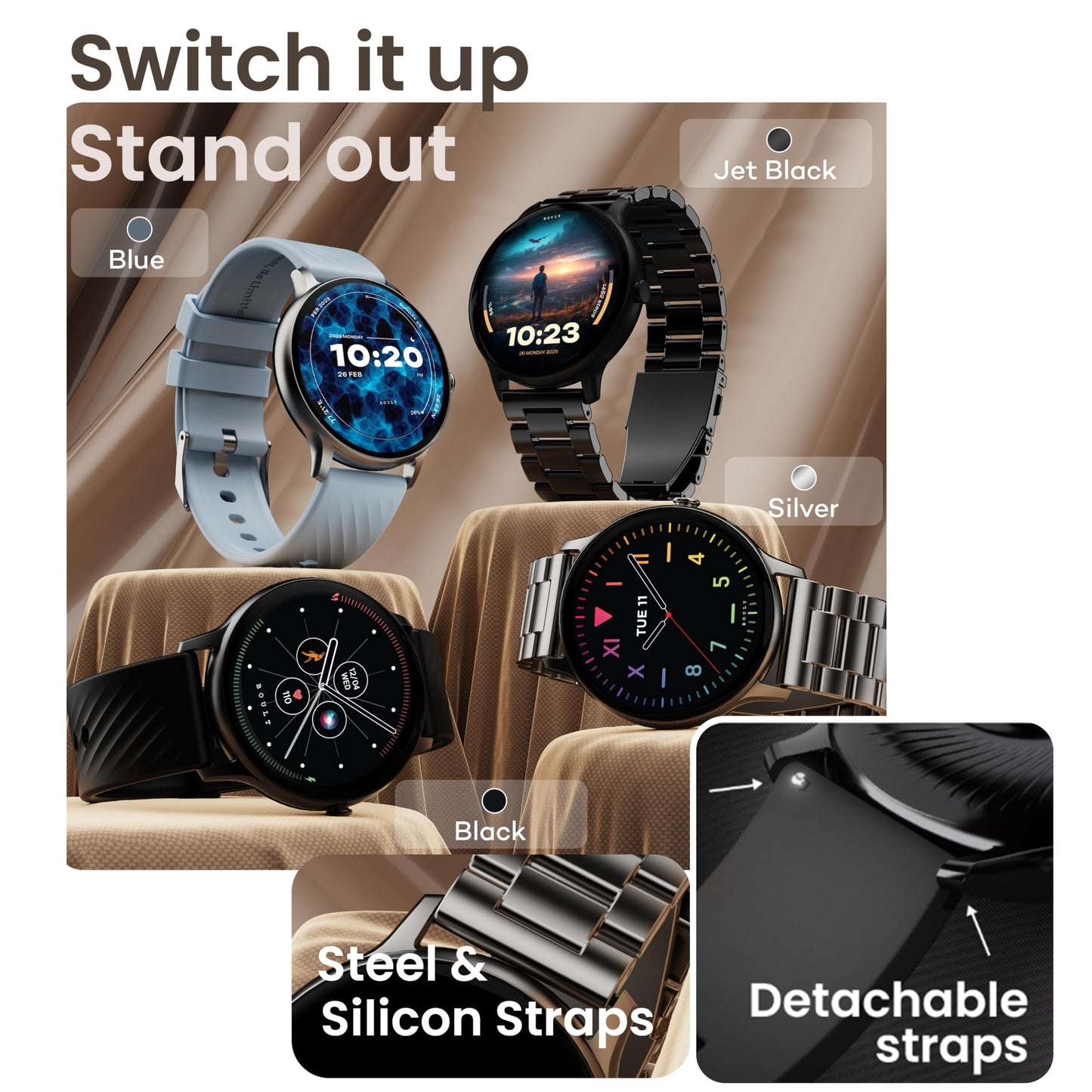 Boult Dire Smart Watch with 1.38'' 2.5D Curved HD Display, BT Calling, IP67, 500 Nits Brightness,250+ Watchfaces, 120+ Sports Mode, AI Voice Assistant, SpO2 Monitoring (Black Strap)