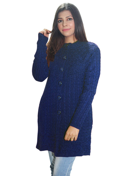 HAUTEMODA Women's Wool Round Neck Embroidered Long Cardigan Sweater (Ad04Sa01_Peach) (3XL, Navy Blue)