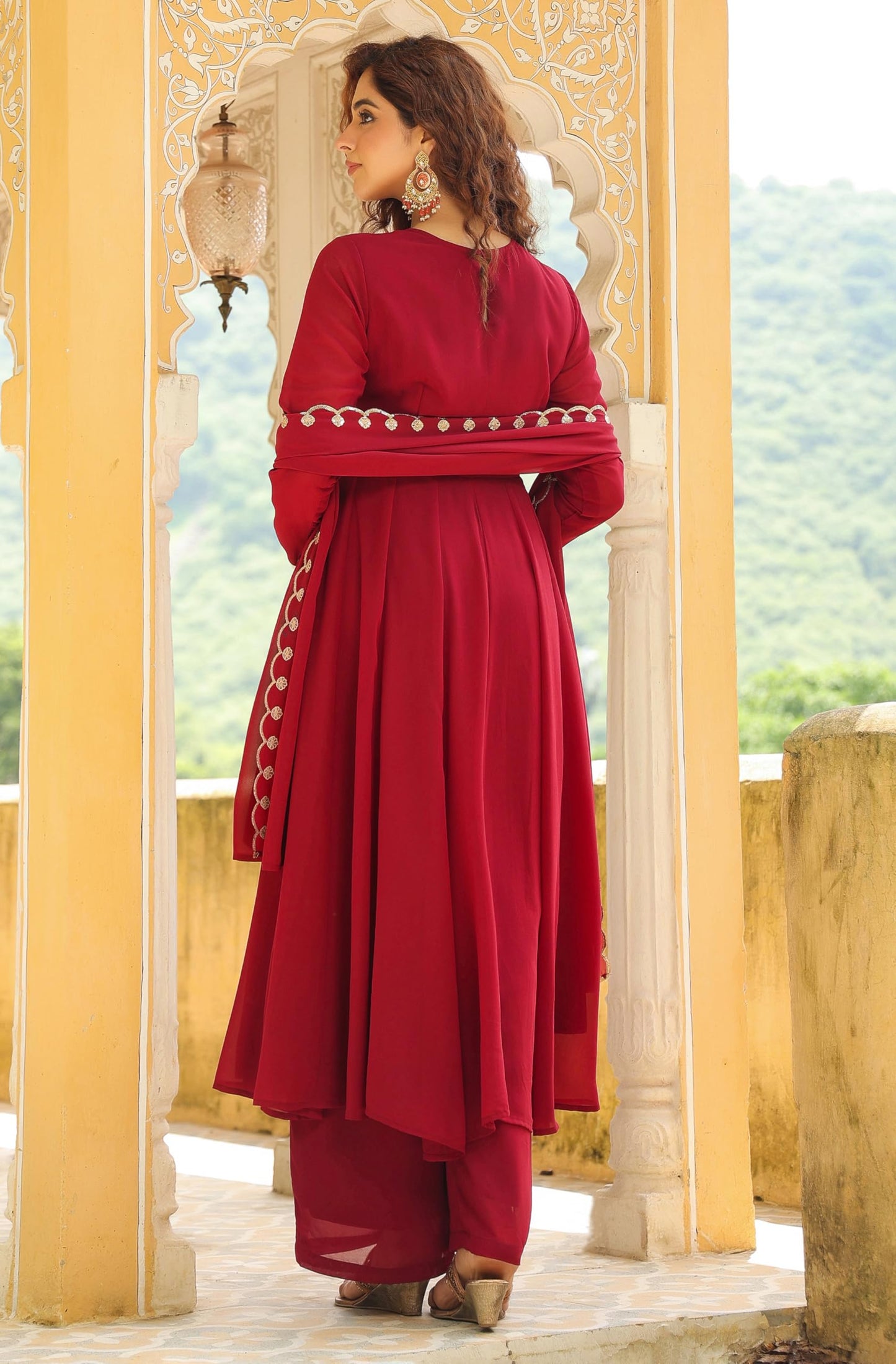 Janasya Maroon Embroidered Kurta with Palazzo & Dupatta for Women Georgette Fabric Latest Fashion