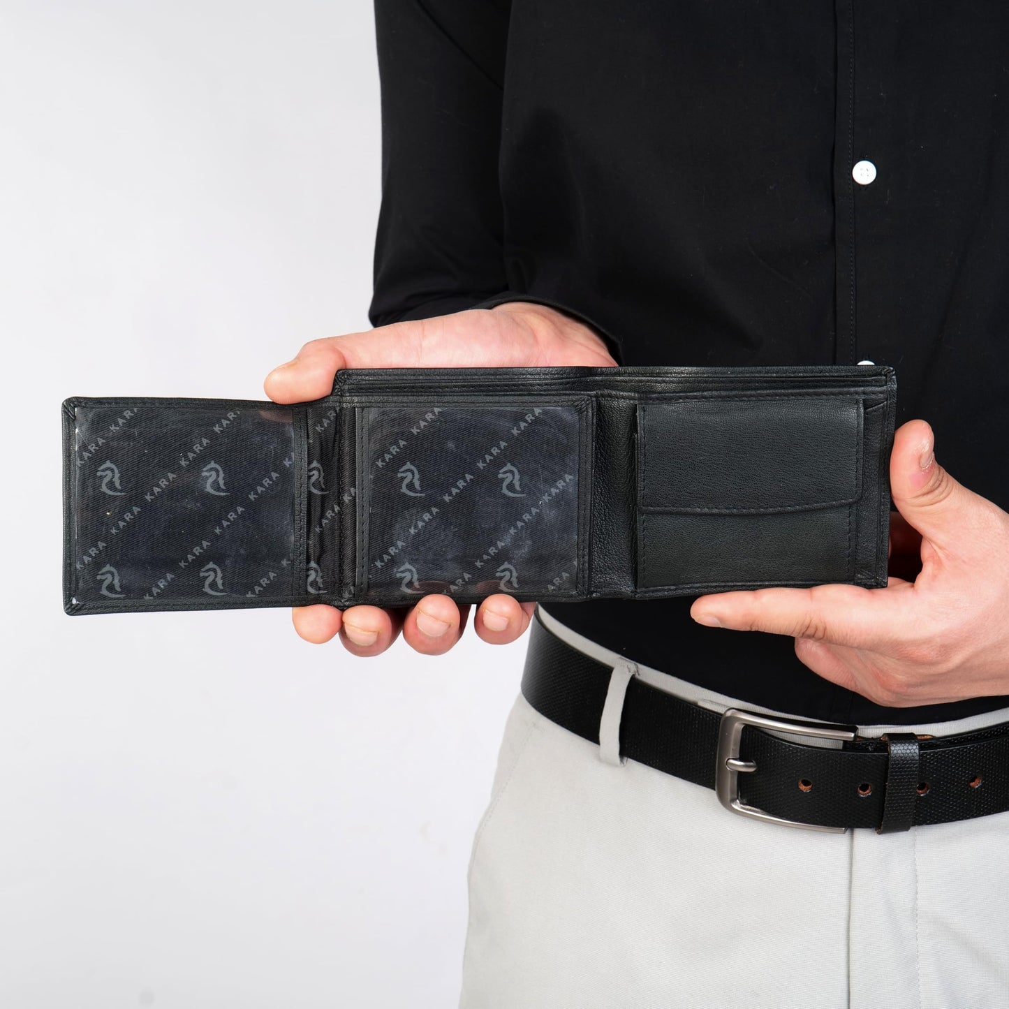 KARA Black Men's Genuine Leather Wallet – Bifold, 2 Cash Compartments, Coin Pocket, 10+ Card Slots, Hidden & Transparent Flip Sections