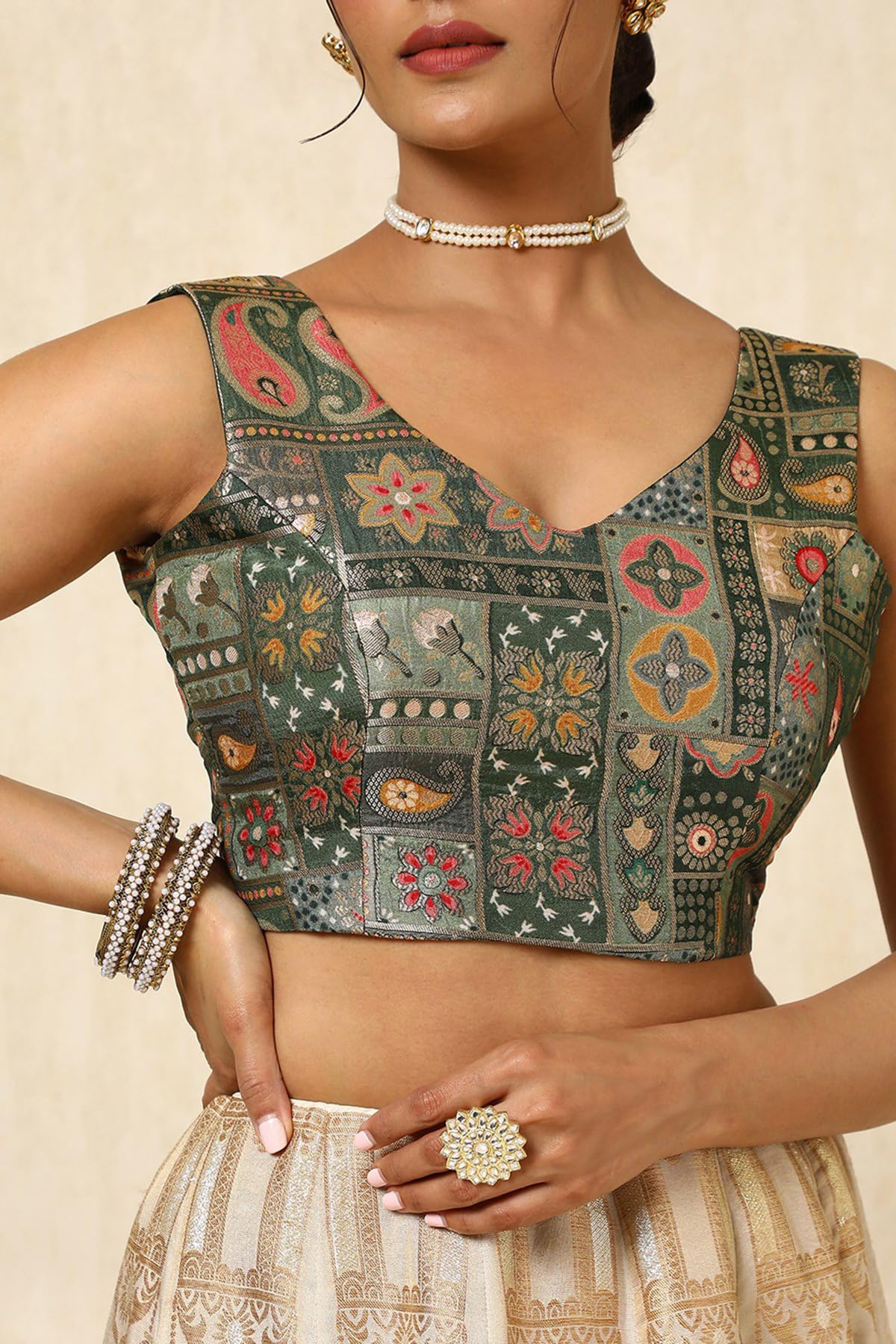 Soch Womens Olive Tussar Zari Woven Padded Blouse