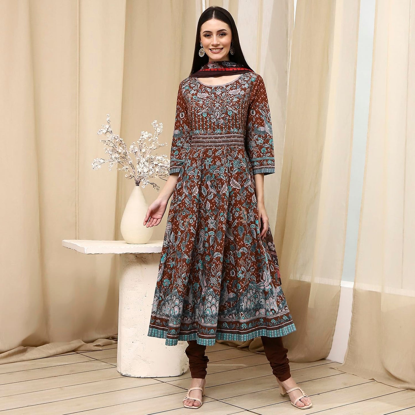 BIBA Women's 60'S Cambric Kurta Set (SKDKLMR8356ESS25BRN_Brown