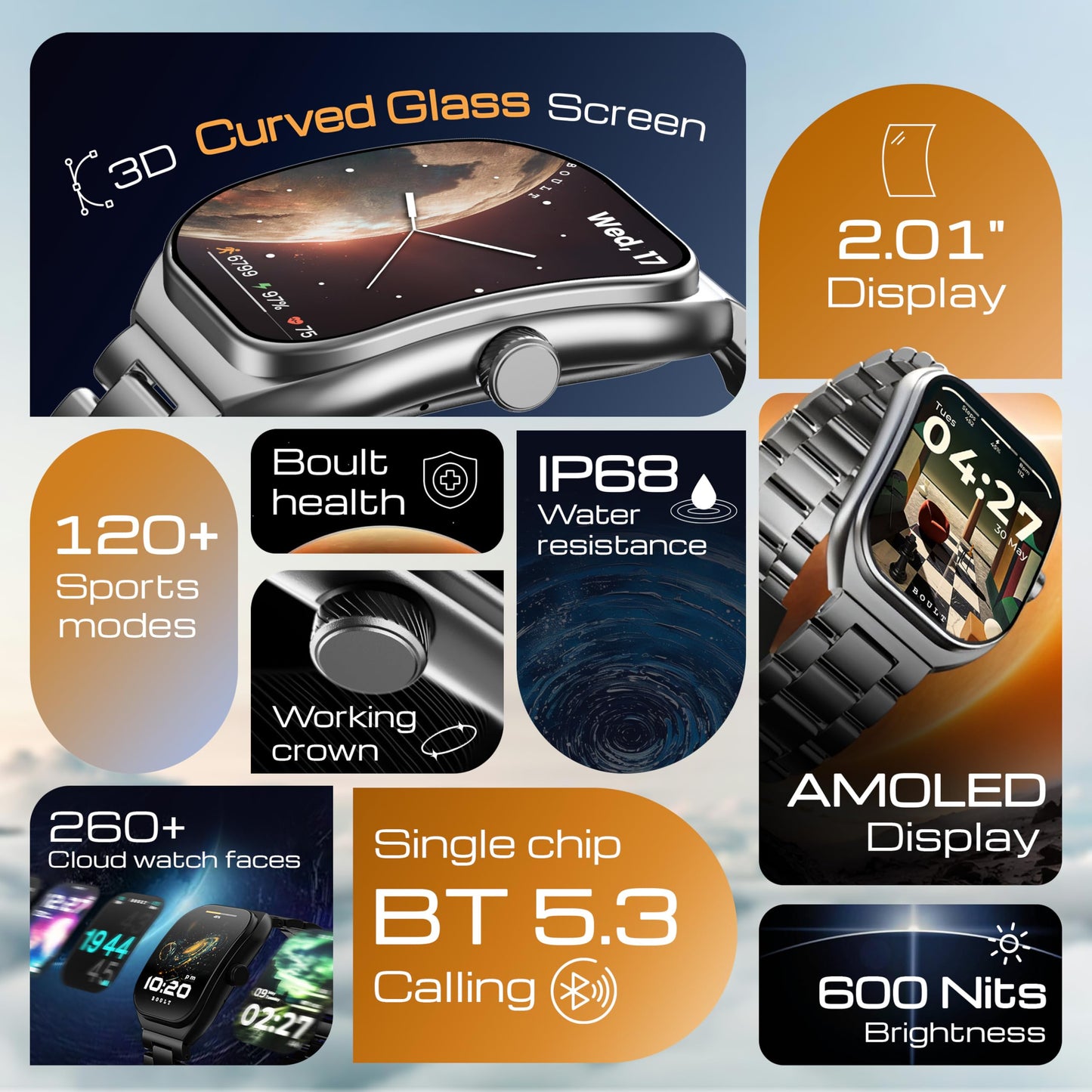 Boult Newly Launched Trail Pro Smartwatch 2.01'' 3D Curved Screen+AMOLED, BT Calling 5.3, 600 Nits Brightness, IP68, 250+ Watchfaces, 120+ Sports Modes, AI Voice Assistant, SpO2 Tracking (Chrome)